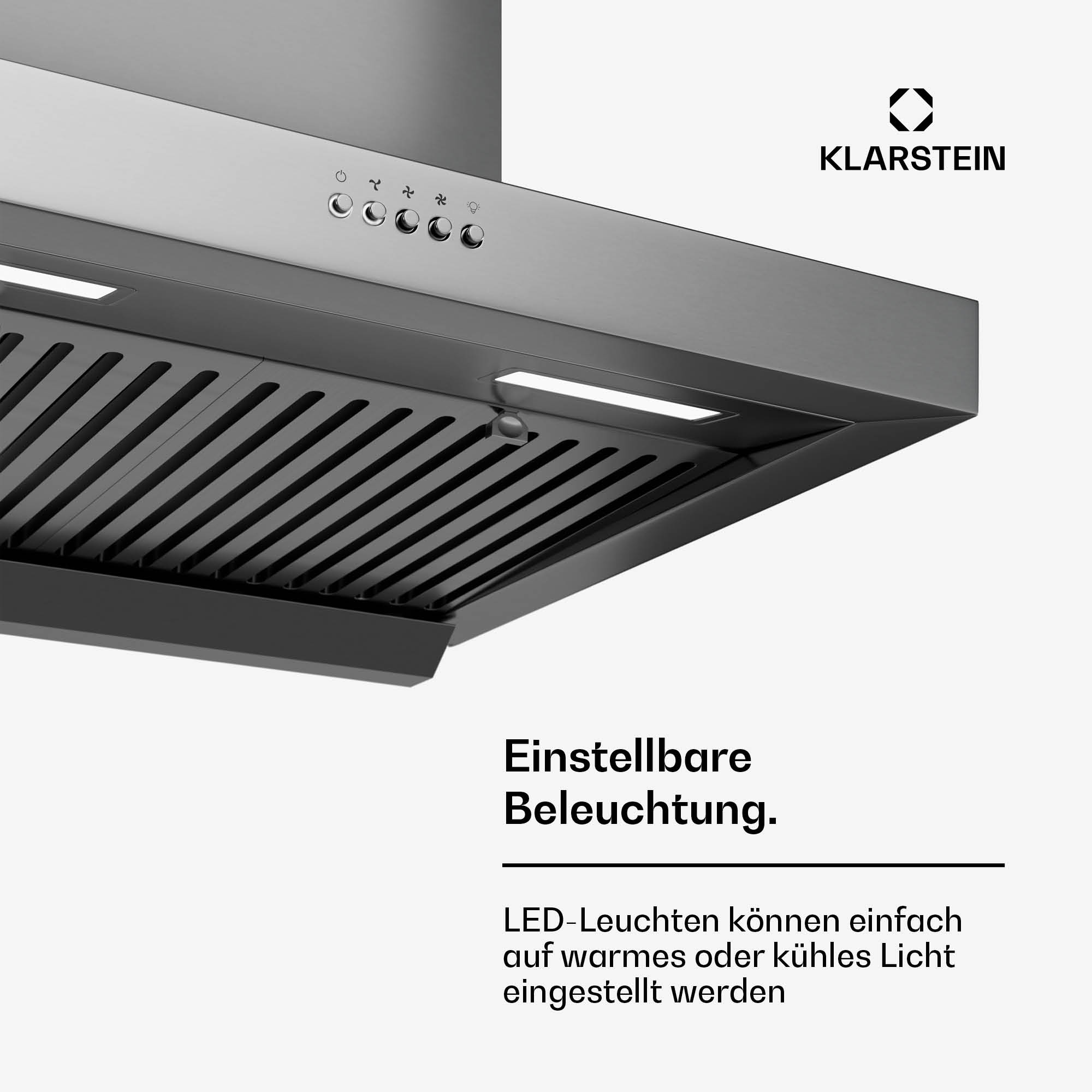 Una campana extractora negra con iluminación ajustable y luces LED, fondo blanco.