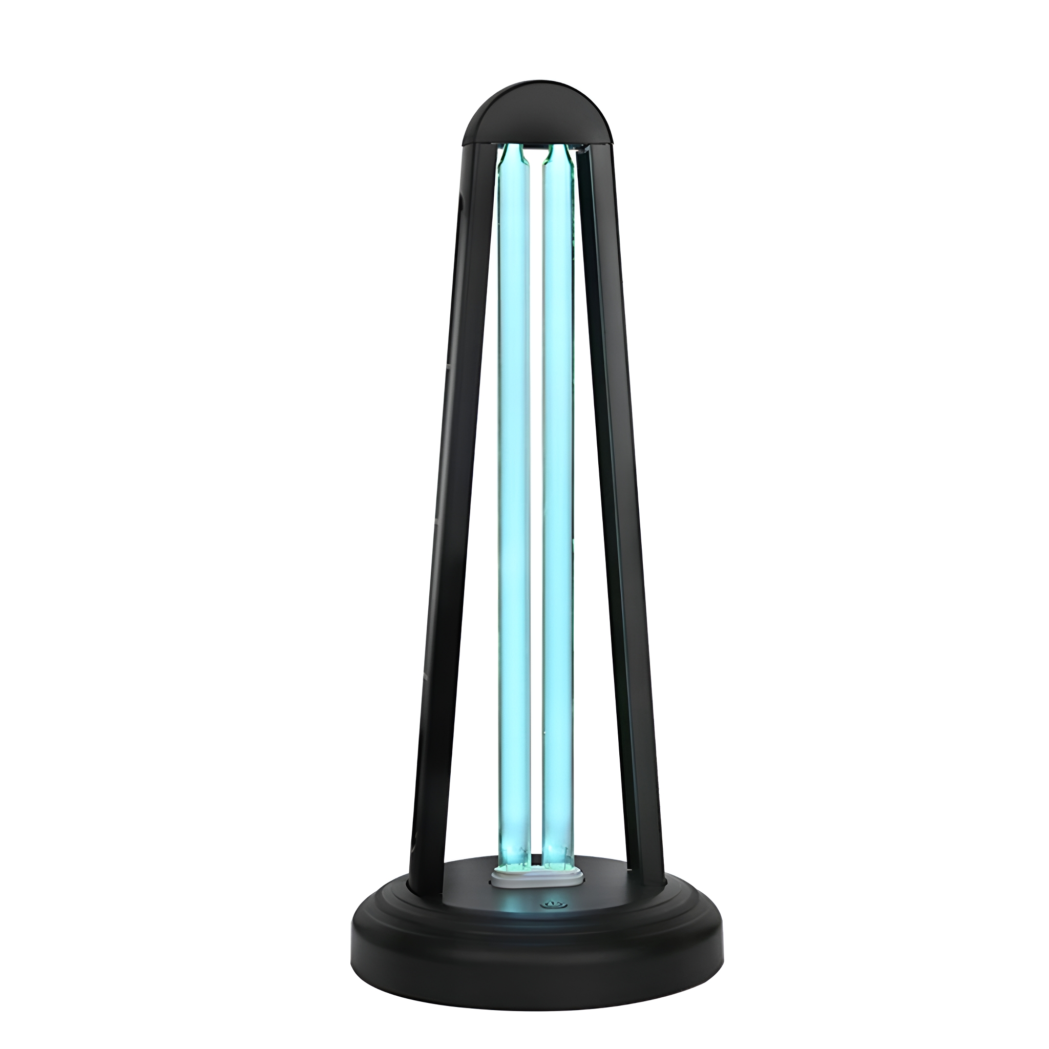 Ein schwarzer UV-Licht-Sterilisator mit zwei blauen Lichtröhren. Er hat eine runde Basis.
