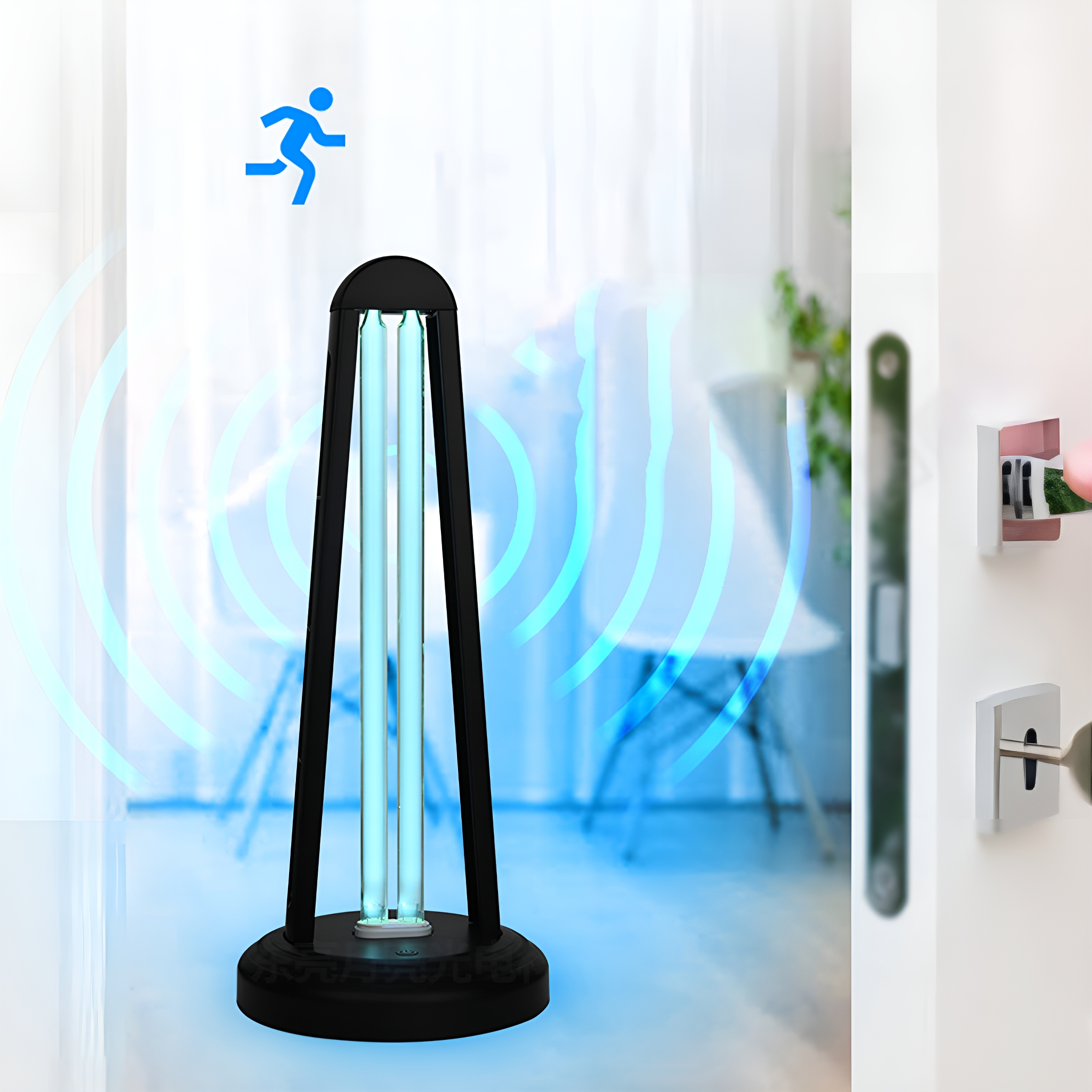 Ein schwarzer UV-Lichtsterilisator. Im Hintergrund ist eine Person zu sehen.