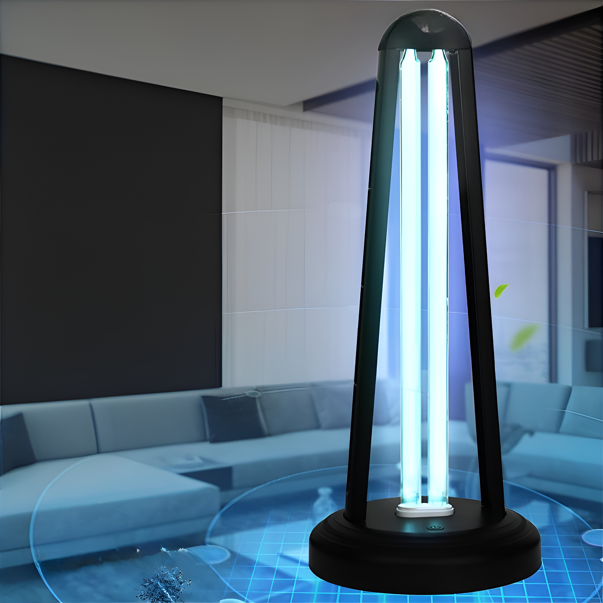 Schwarze Lampe, die blaues Licht emittiert. Sie befindet sich in einem modernen Wohnzimmer.