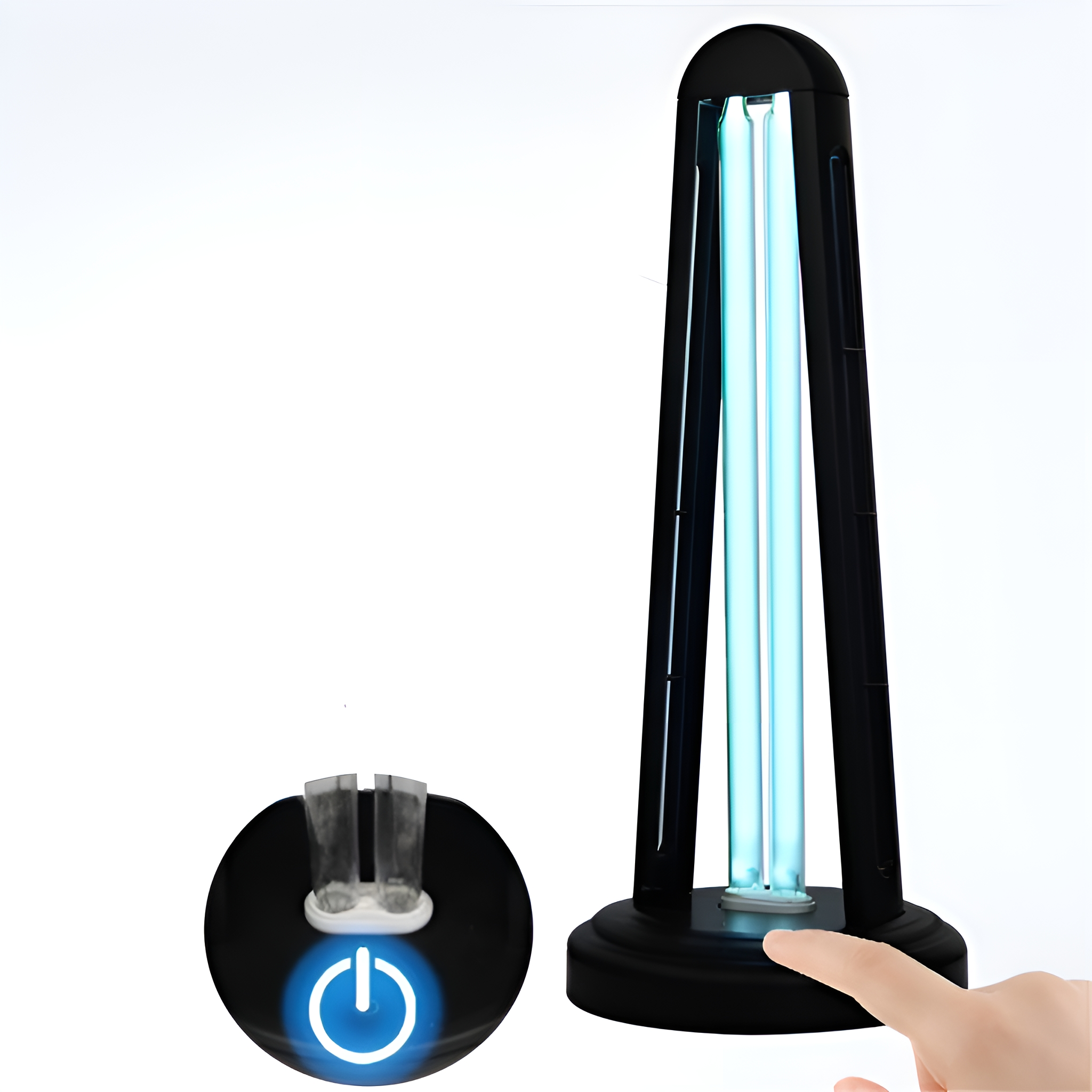 Ein schwarzes UV-Lichtgerät mit einem Finger, der eine Taste berührt. Das Gerät emittiert blaues Licht.