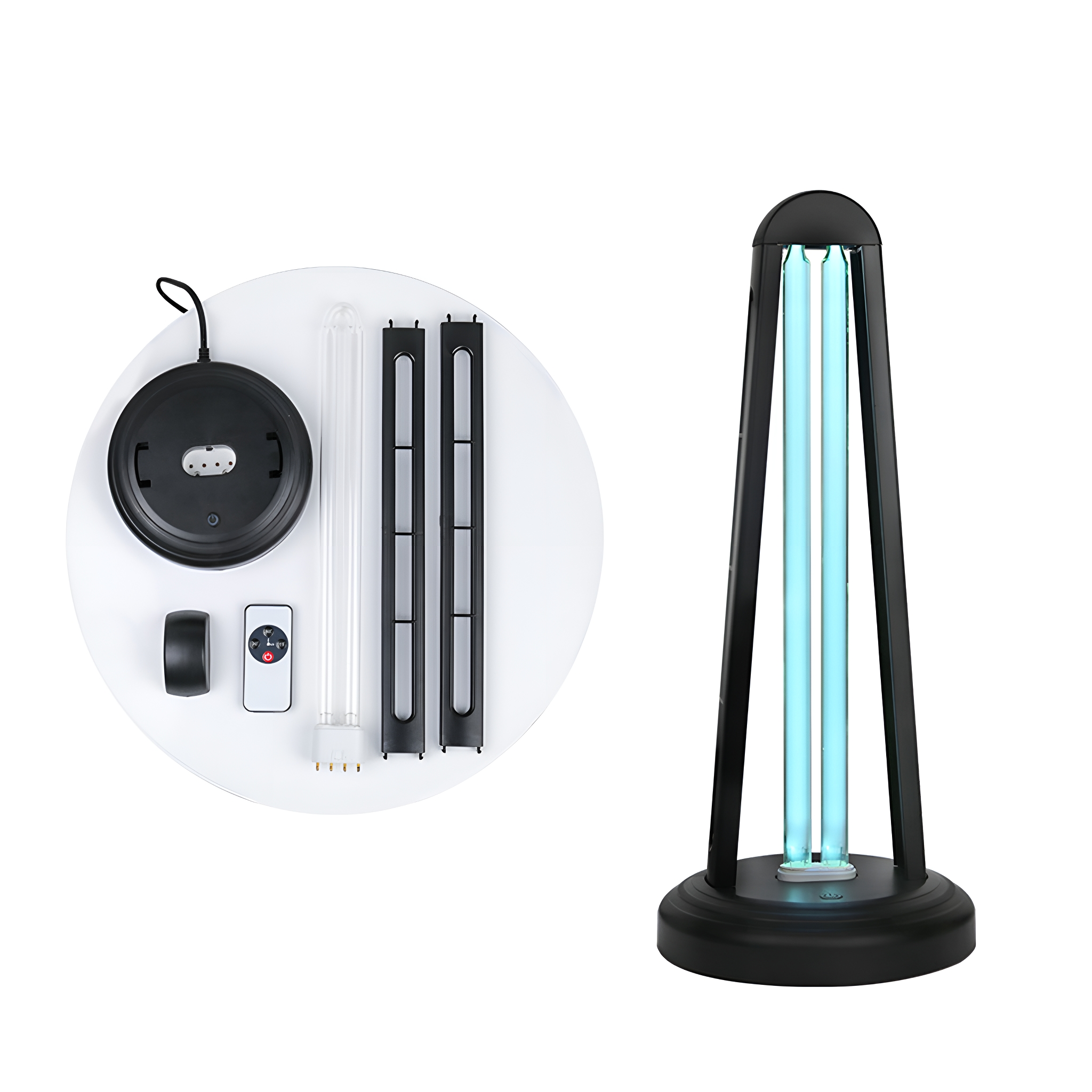 UV-Lampe mit Ersatzteilen, einschließlich Röhren, auf einem weißen Kreis links. Schwarze Lampe rechts.