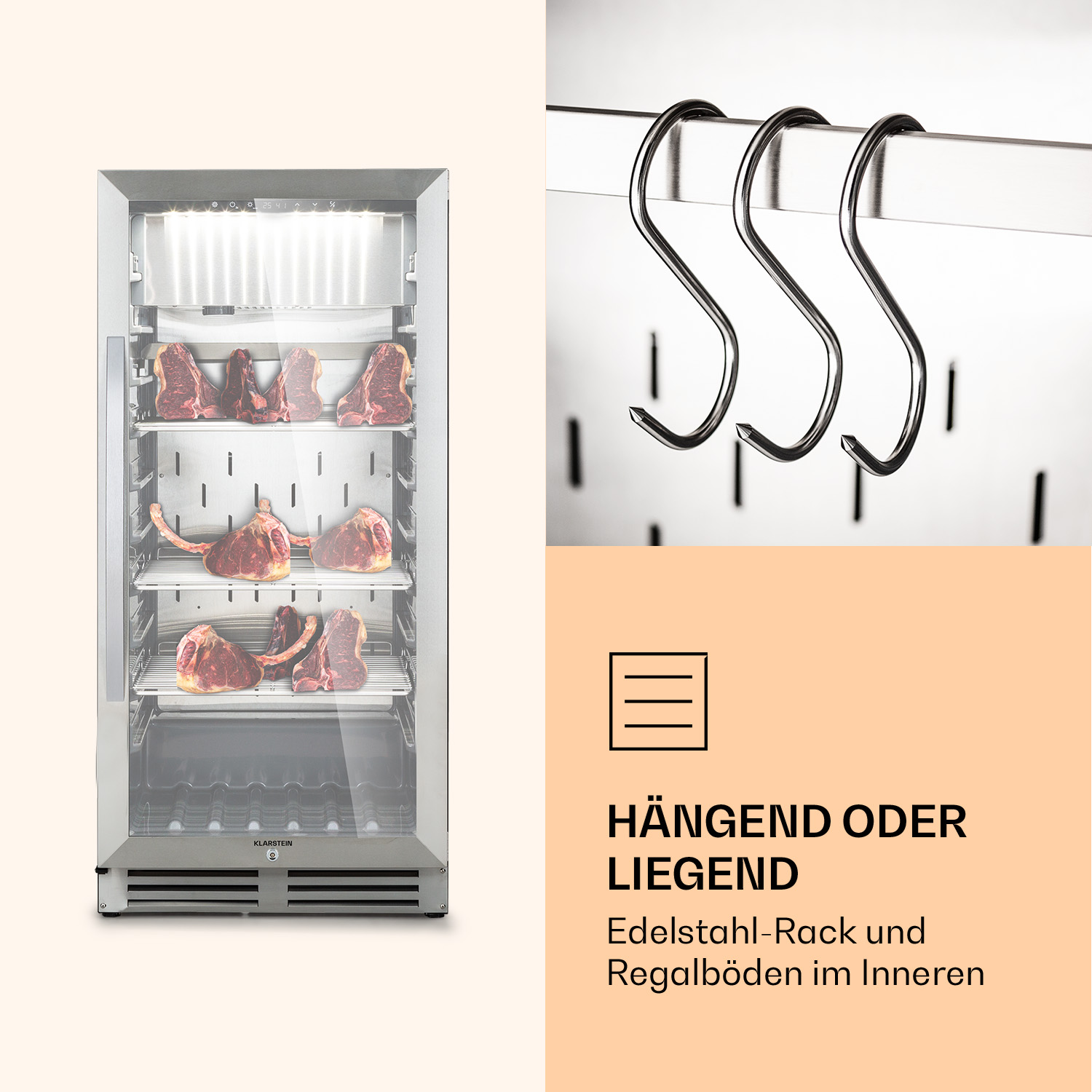 Nevera de maduración de carne - KLARSTEIN Steakhouse Pro 233, Altura 127 cm, Plata Metálica