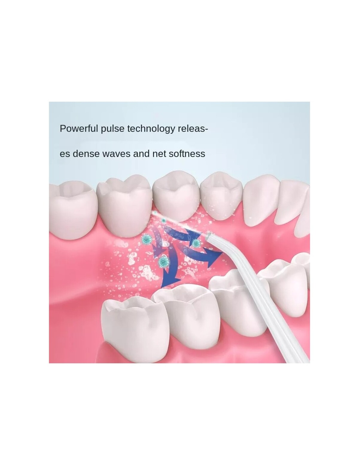 Ilustración de dientes y un irrigador dental liberando agua.