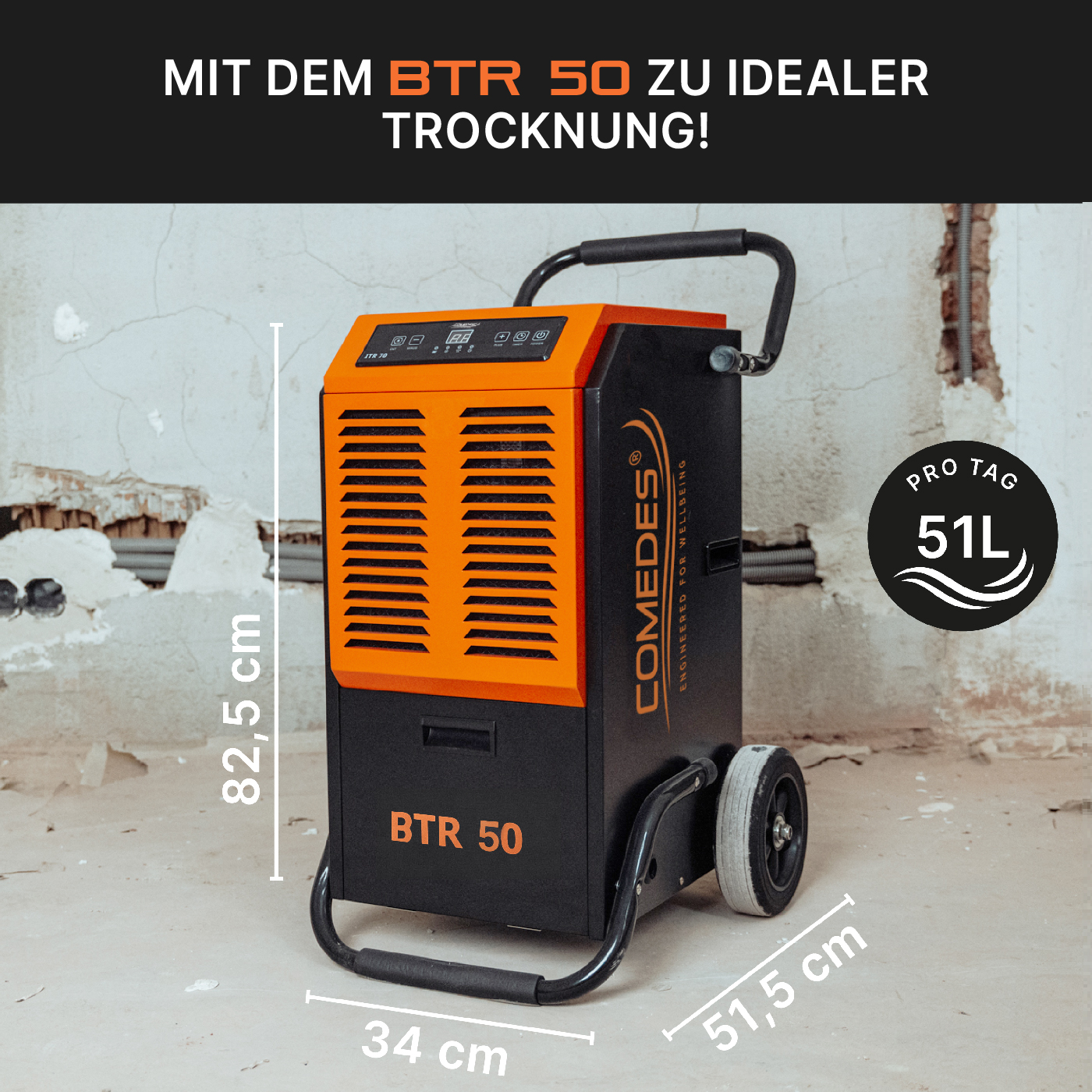 Luftentfeuchter mit orangefarbener Front und schwarzem Gehäuse, Abmessungen gezeigt.