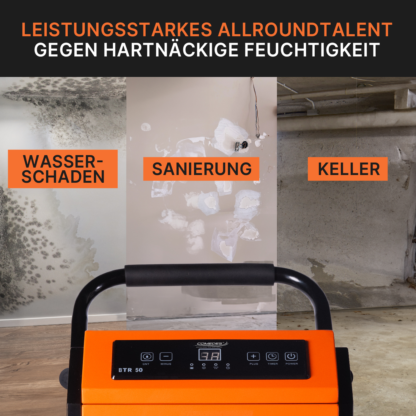 Ein orangefarbener Luftentfeuchter mit den Wörtern 'Wasser-Schaden', 'Sanierung', 'Keller'.