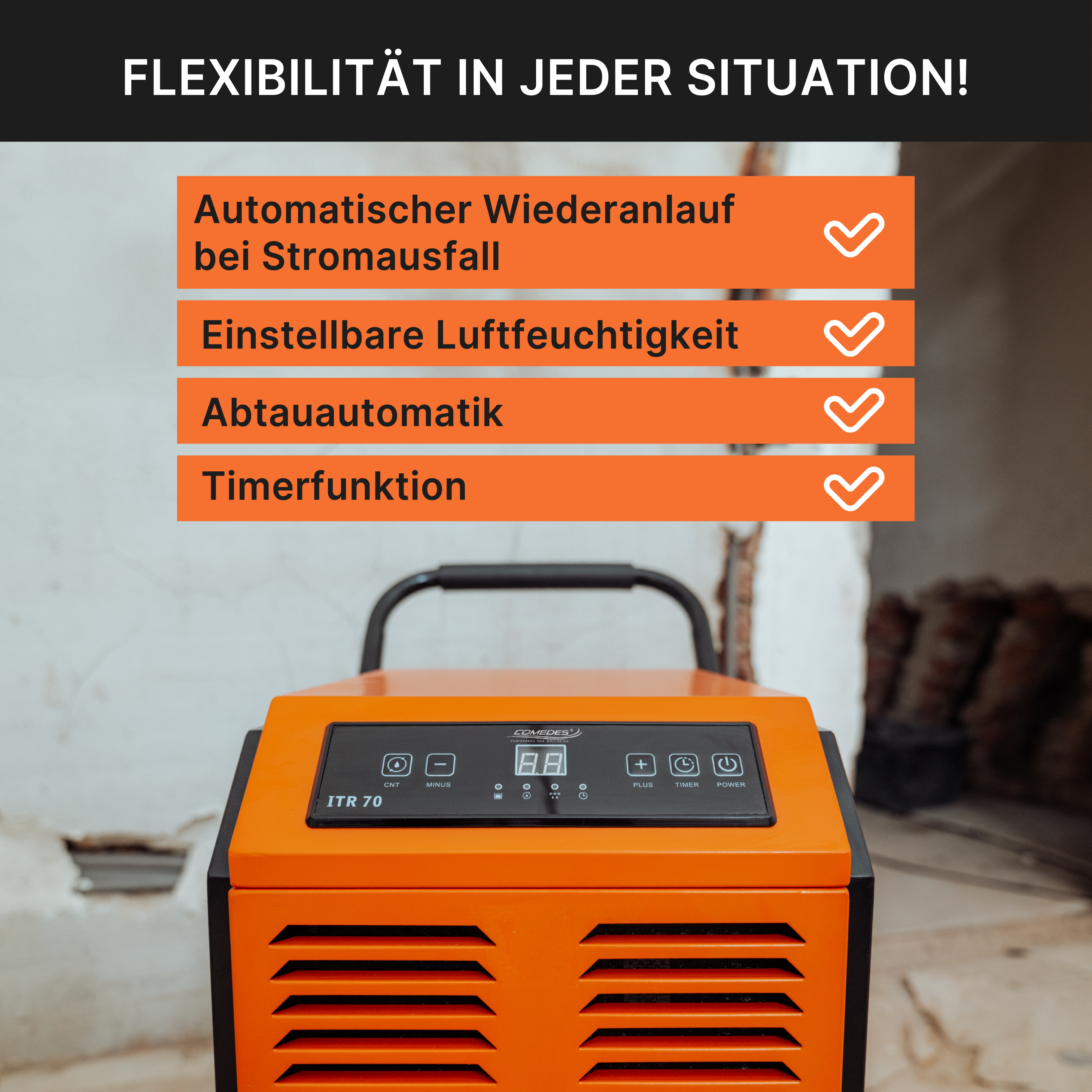 Oranger Luftentfeuchter mit Text über automatischen Neustart und einstellbare Luftfeuchtigkeit.