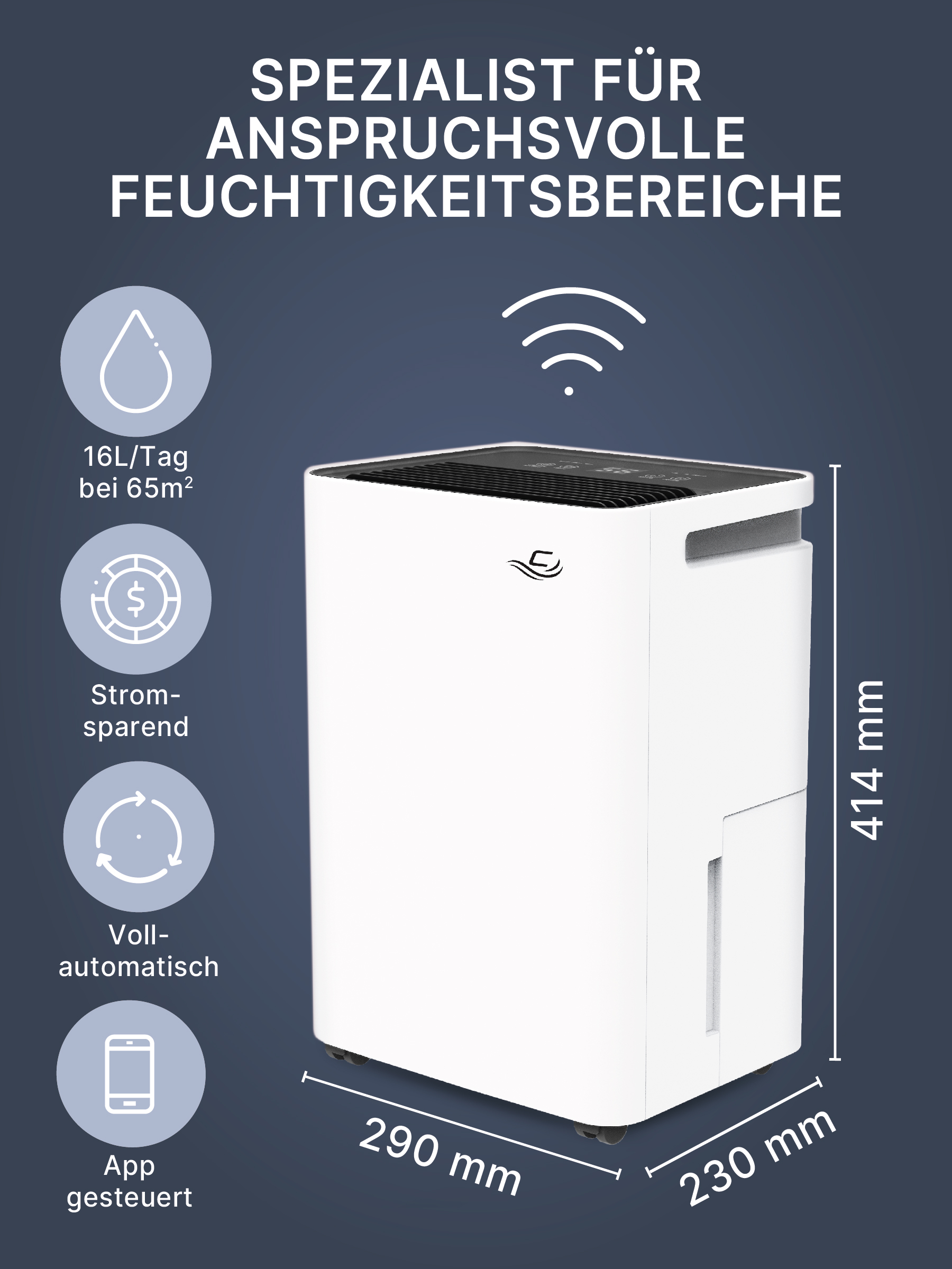 Weißer Luftentfeuchter mit Abmessungen und Funktionen. Text auf Deutsch.