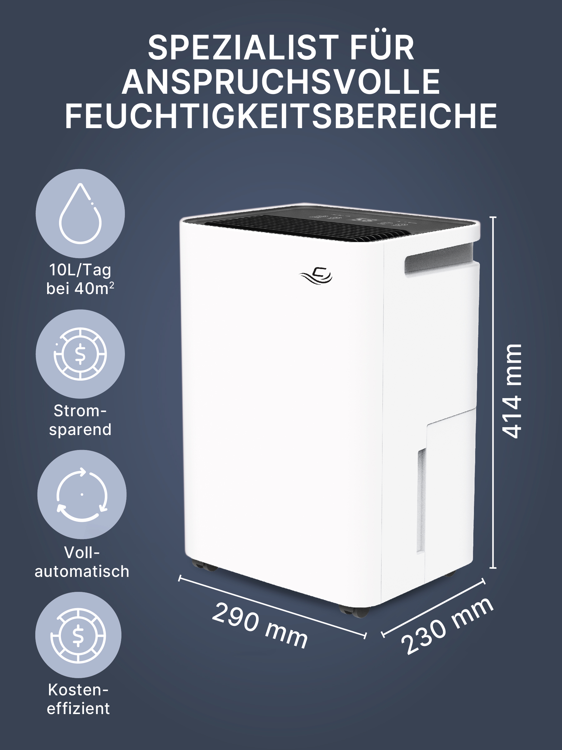 Un deumidificatore bianco con dati dimensionali, icone informative e testo.