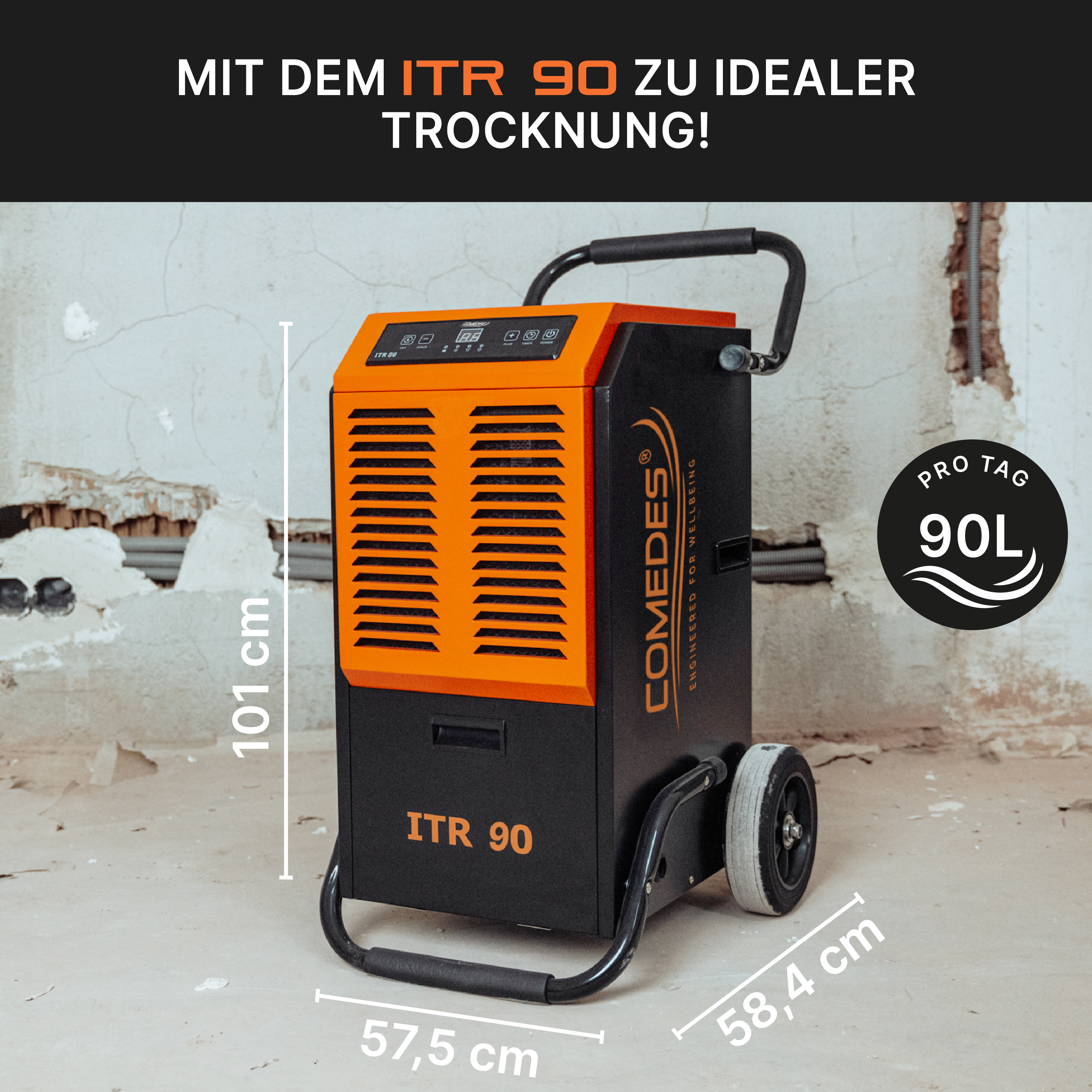 Ein orangefarbener und schwarzer Luftentfeuchter mit Abmessungen. Text enthält: ITR 90, PRO TAG 90L und COMEDES.