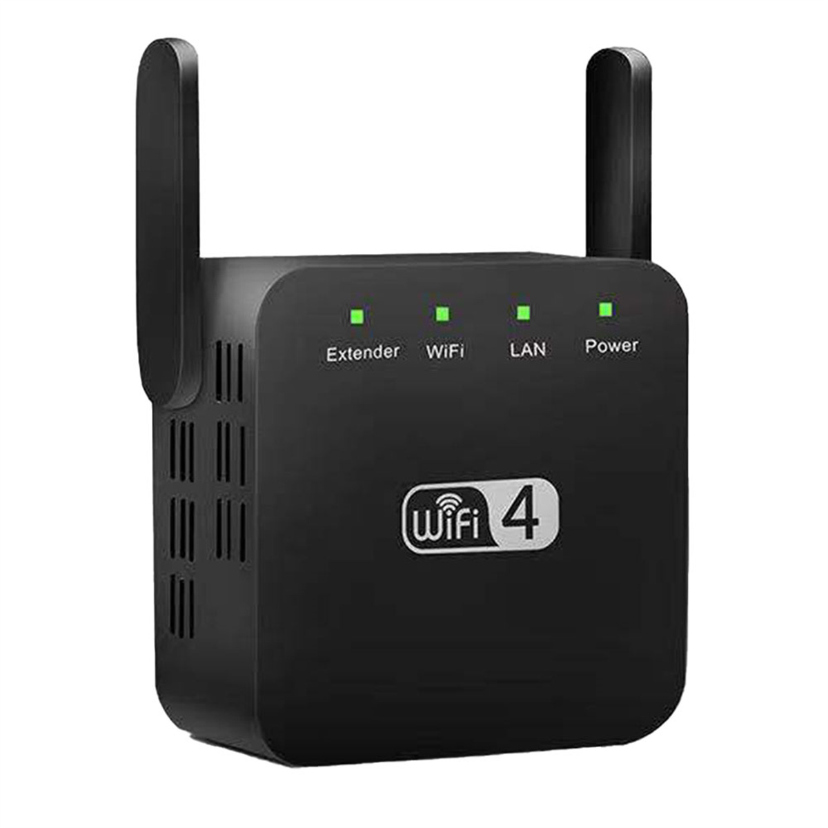 Schwarzer WLAN-Verlängerer mit Antennen und grünen Kontrollleuchten. Weißer Hintergrund.