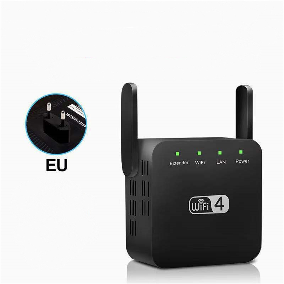 Schwarzer WLAN-Extender mit Antennen, EU-Stecker und LED-Anzeigen. 'WiFi 4'-Etikett sichtbar.