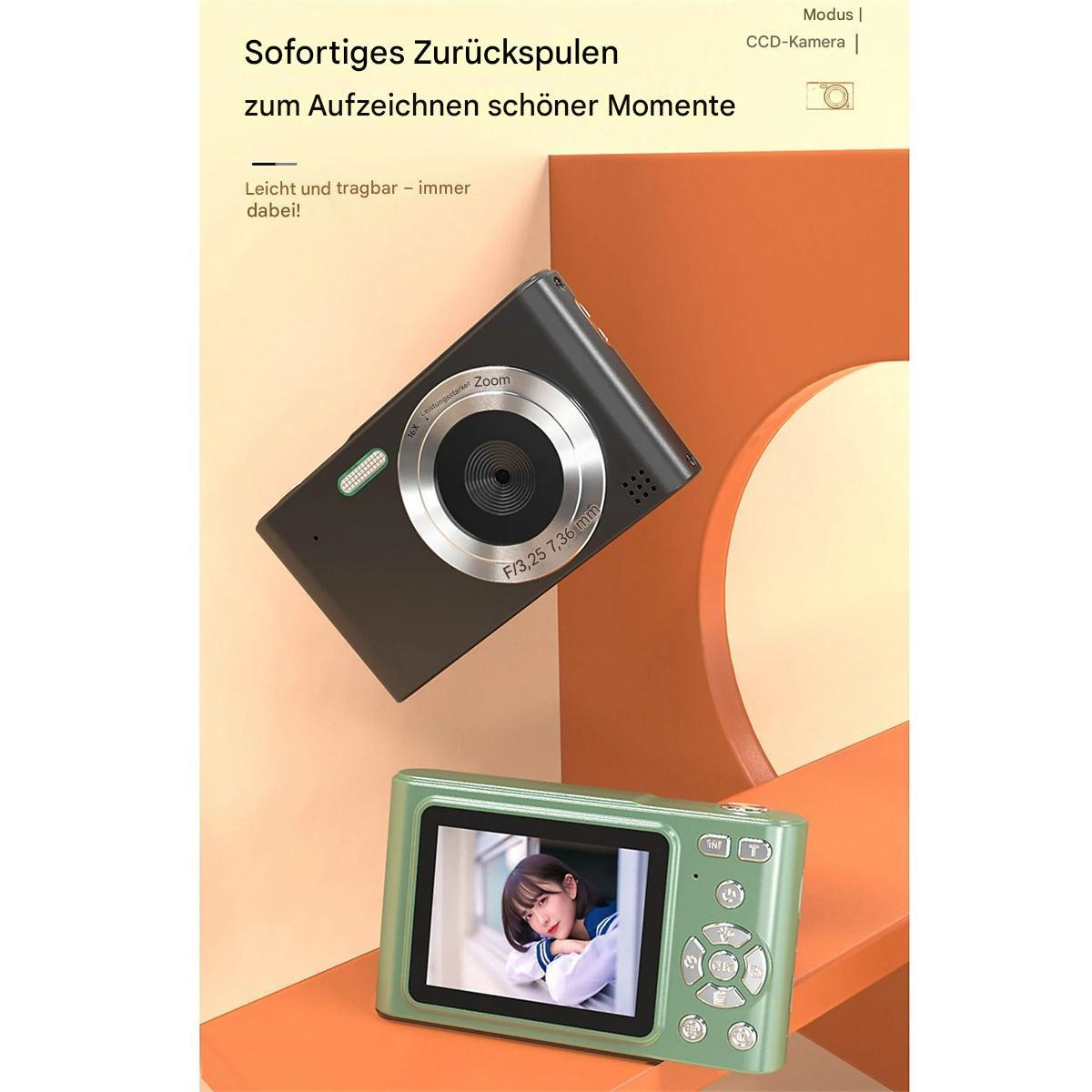 Zwei Kameras, eine grüne und eine schwarze, mit deutschem Text. Oranger und weißer Hintergrund.