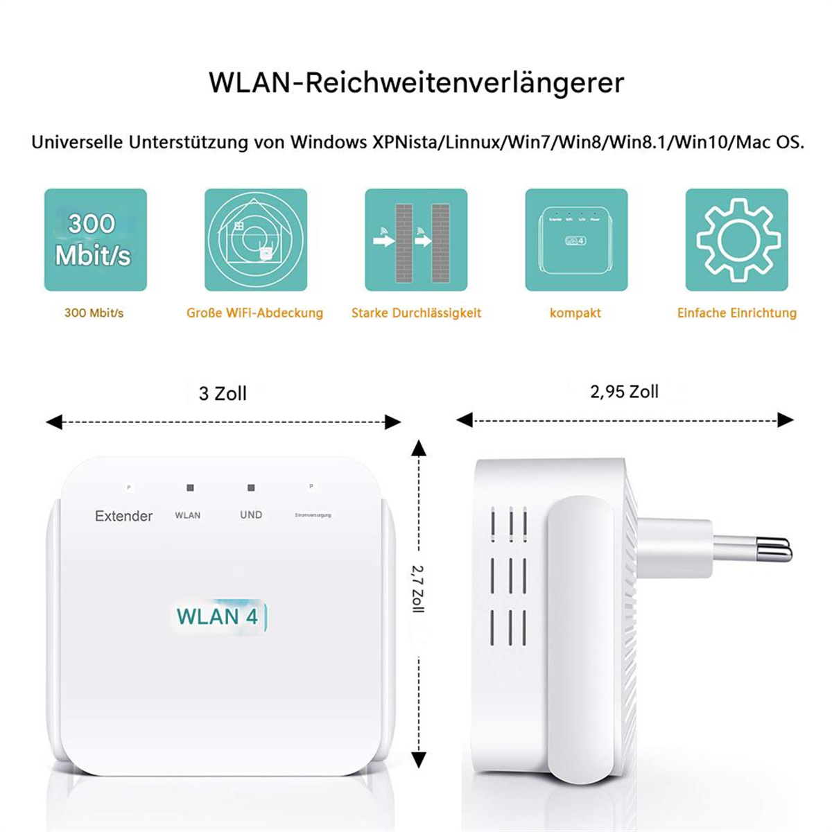 Weißer WLAN-Repeater mit angegebenen Abmessungen, mit mehreren Symbolen, die Funktionen darstellen, und einem Stecker.