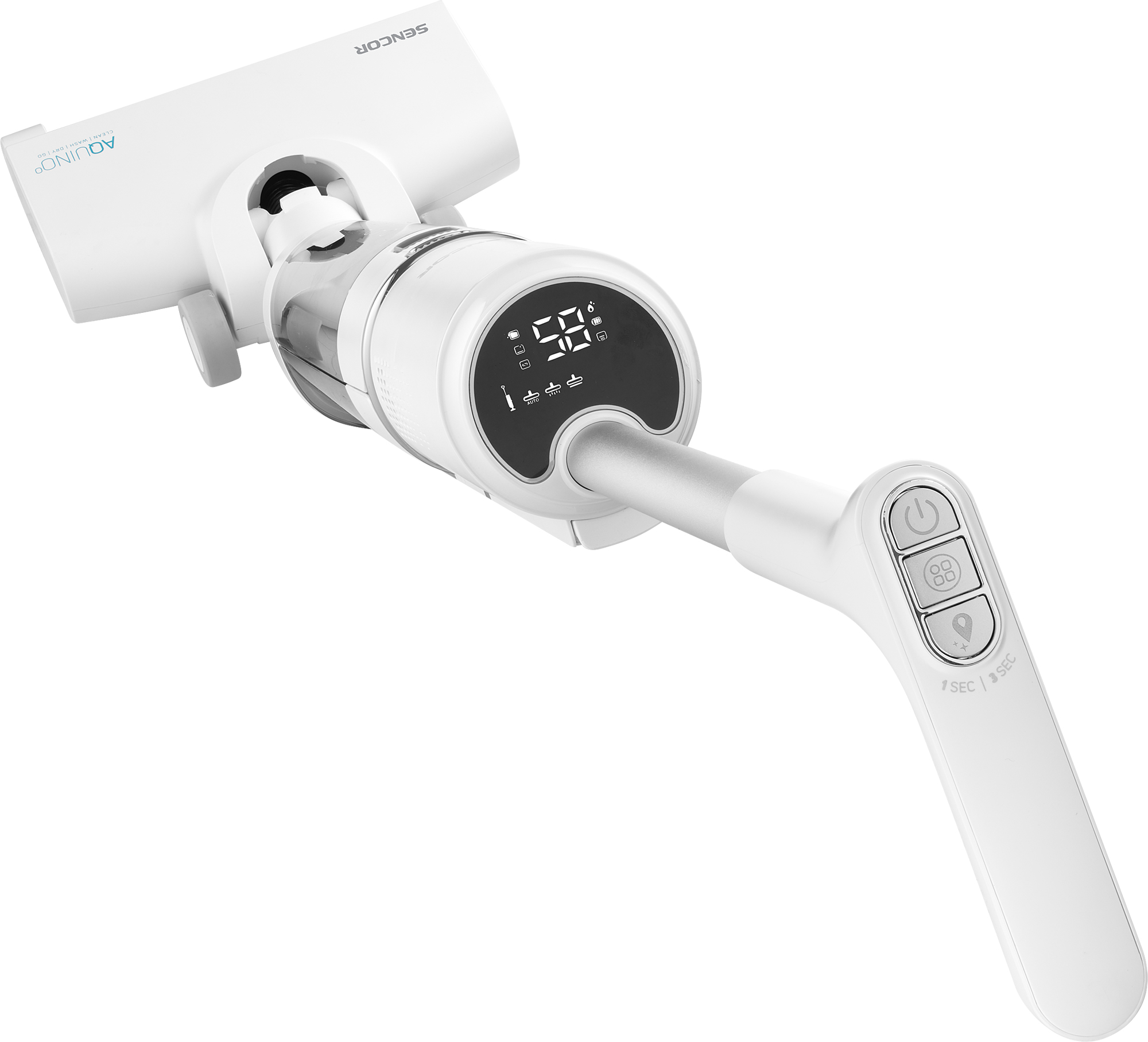 Un aspirapolvere senza fili bianco con display digitale e impugnatura con pulsanti.