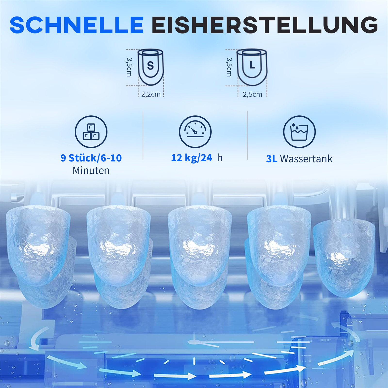 Ein schwarz-weißer Ventilator auf weißem Hintergrund, mit Pflanzen.