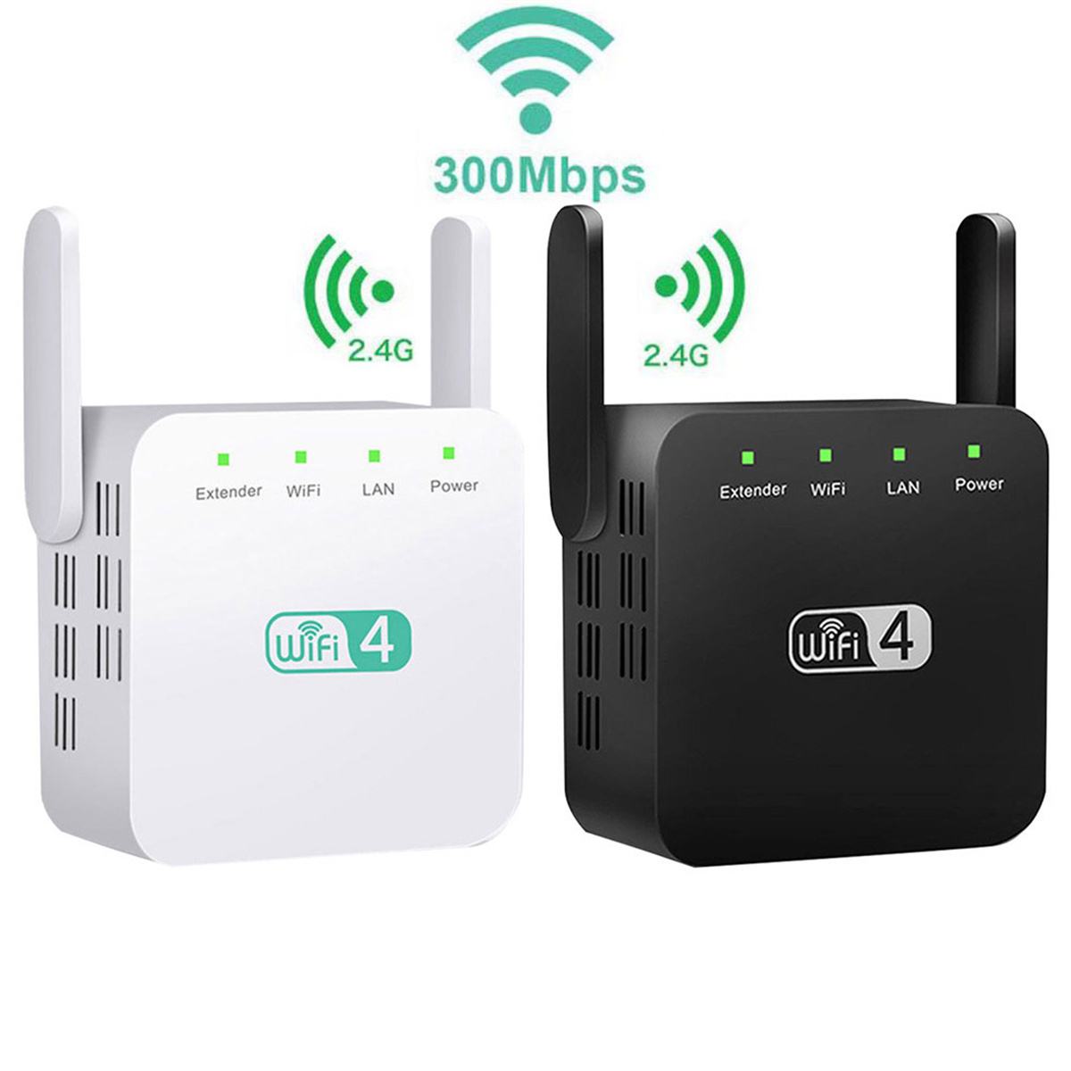 Zwei WLAN-Router, weiß und schwarz, mit Antennen und Kontrollleuchten.