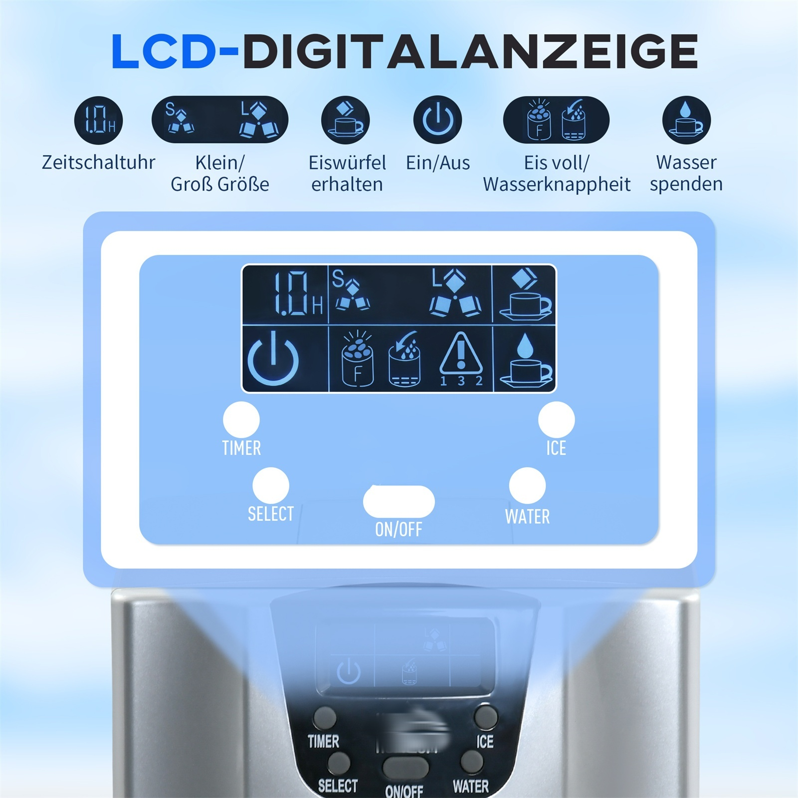 Ein Eisbereiter-Bedienfeld mit blauem Display, das verschiedene Einstellungen und Symbole zeigt.