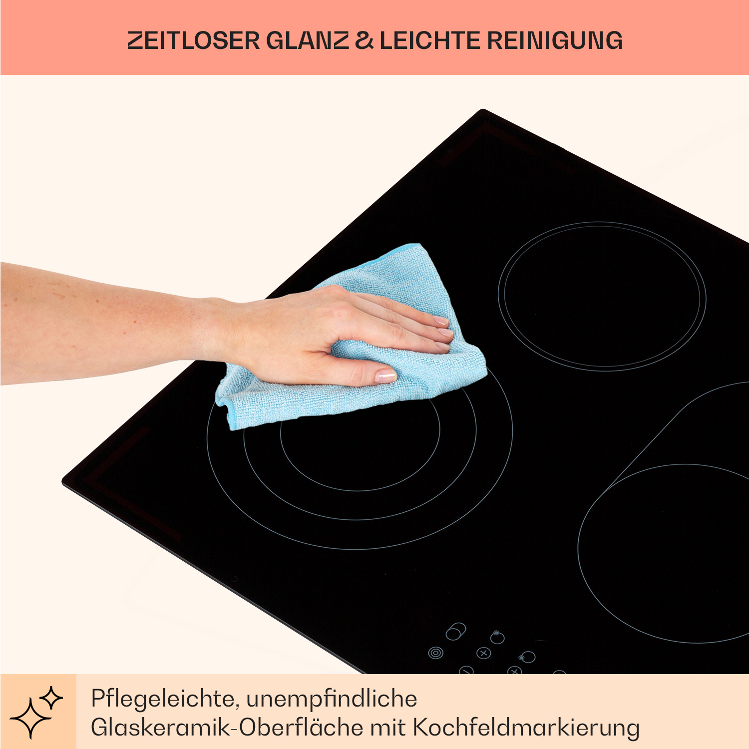 Hand reinigt schwarzes Glaskeramik-Kochfeld mit blauem Tuch. Text: 'Zeitloser Glanz & leichte Reinigung'.