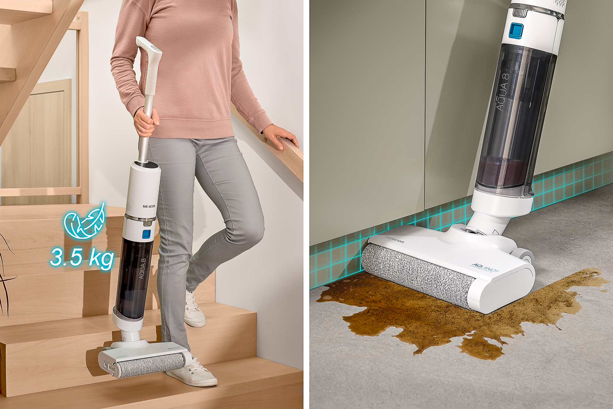 Donna che usa una lavasciuga pavimenti senza fili e il pulitore in azione su un pavimento con liquido versato.