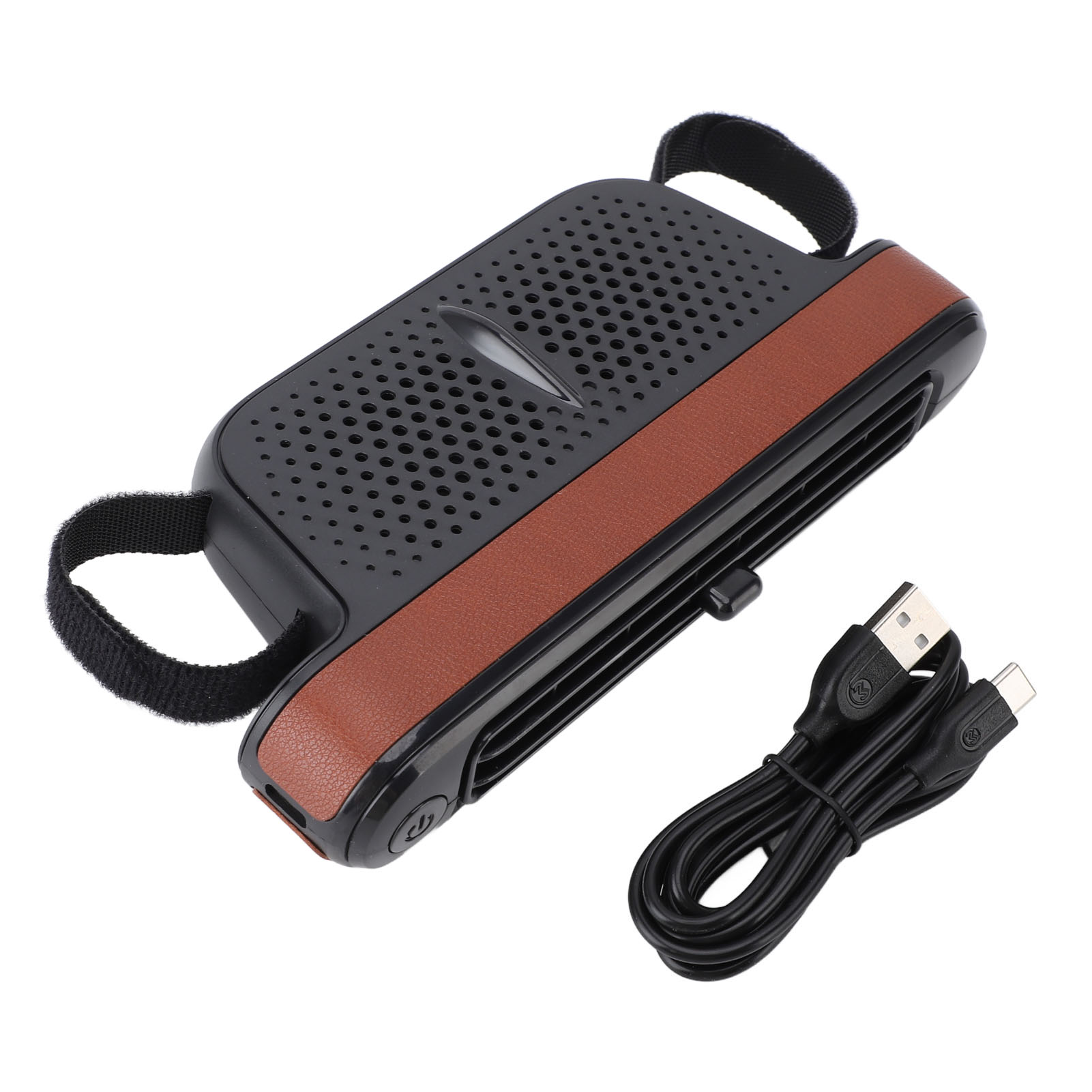 Schwarz-brauner Ventilator mit USB-Kabel und Ein/Aus-Taste.