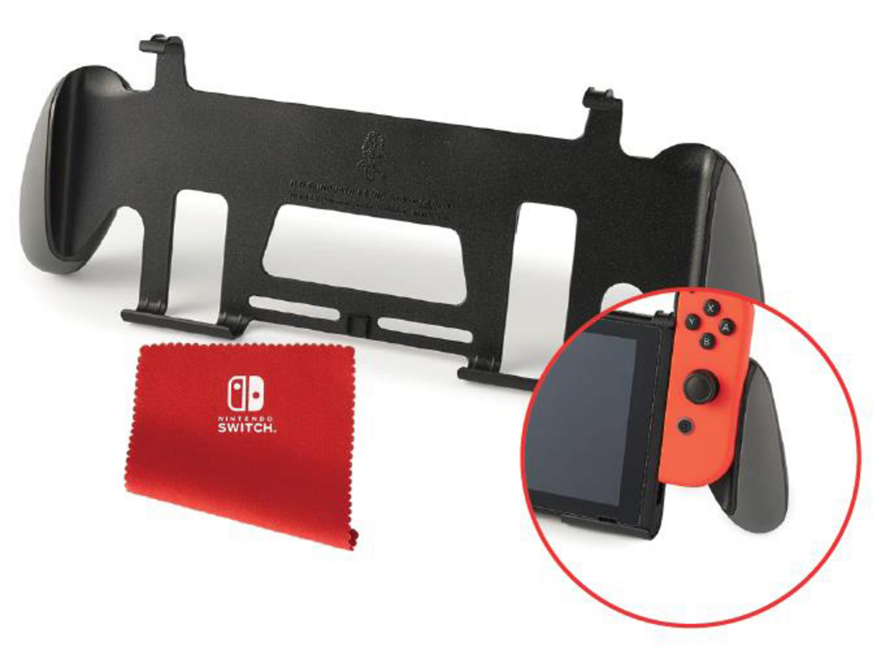 Czarny uchwyt Nintendo Switch z czerwonym Joy-Con i ściereczką do czyszczenia.