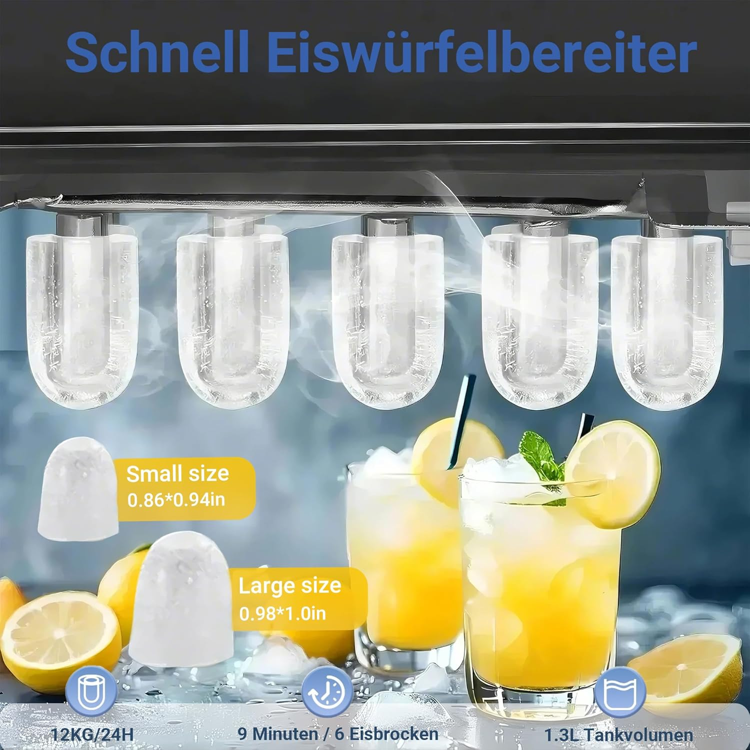 Eismaschine mit Eiswürfeln und Getränken. Enthält Text über Eisgröße, Abmessungen und Volumen.