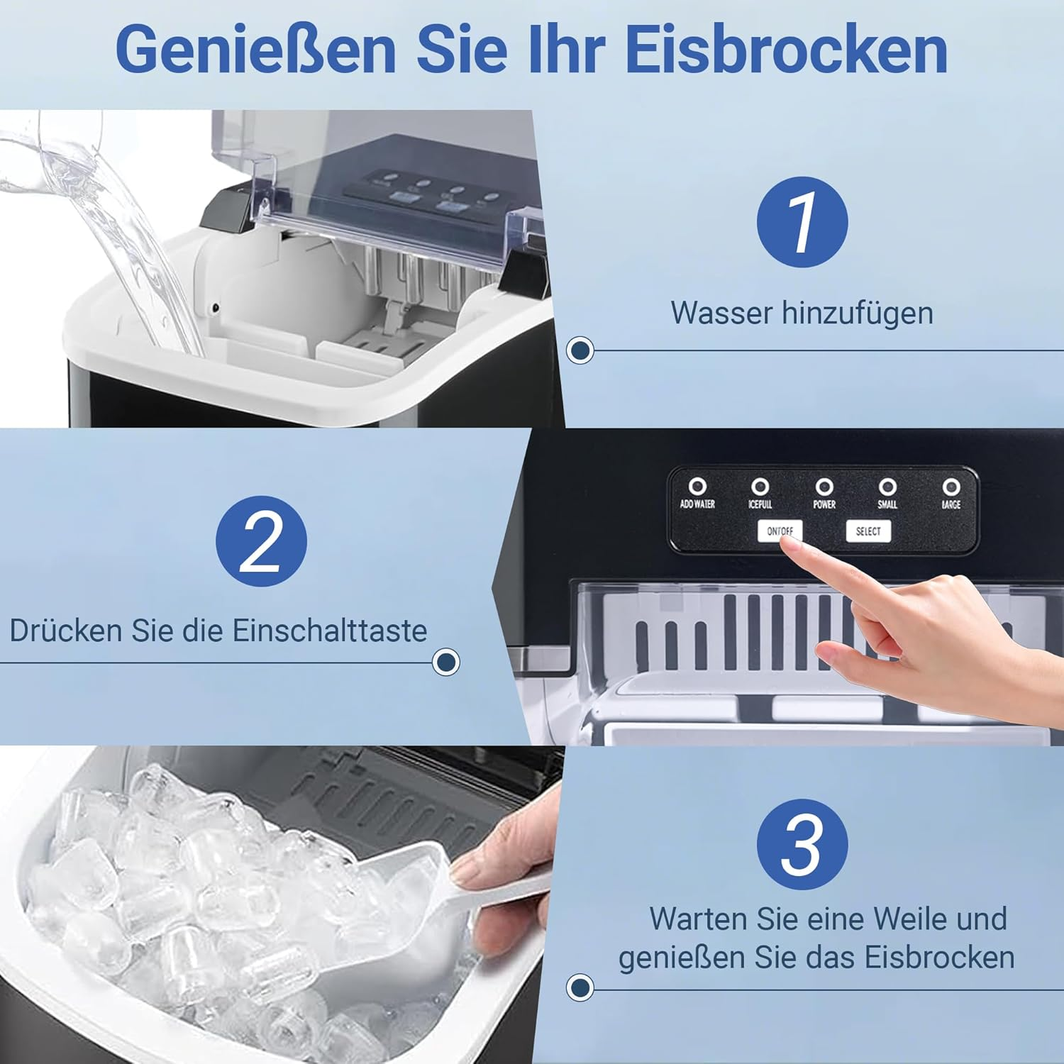 Eismaschine mit Wasser, einem Knopf und Eis. Anweisungen sind rechts.