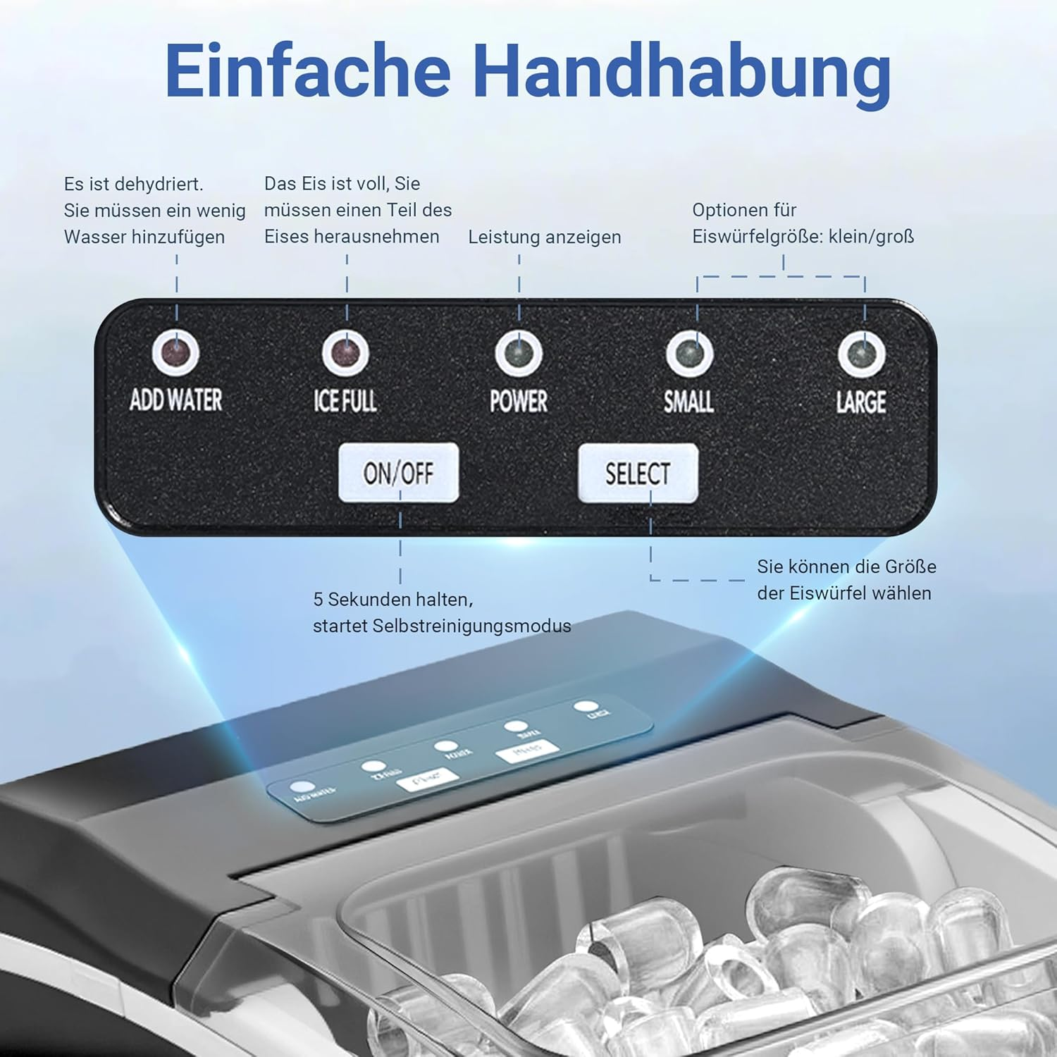 Bedienfeld eines Eisbereiters. Tasten: Wasser hinzufügen, Eis voll, Strom, Klein, Groß. Text: Ein/Aus, Auswählen.