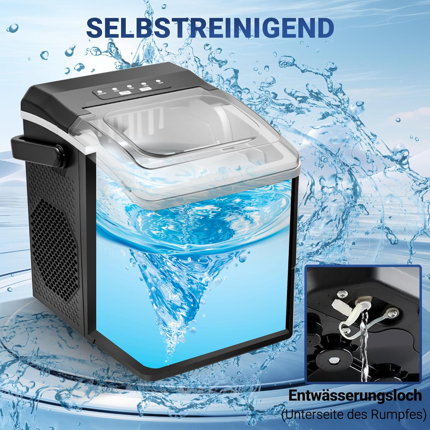 Ein schwarzer und klarer Eisbereiter mit spritzendem Wasser. Das Gerät steht auf weißem Hintergrund.