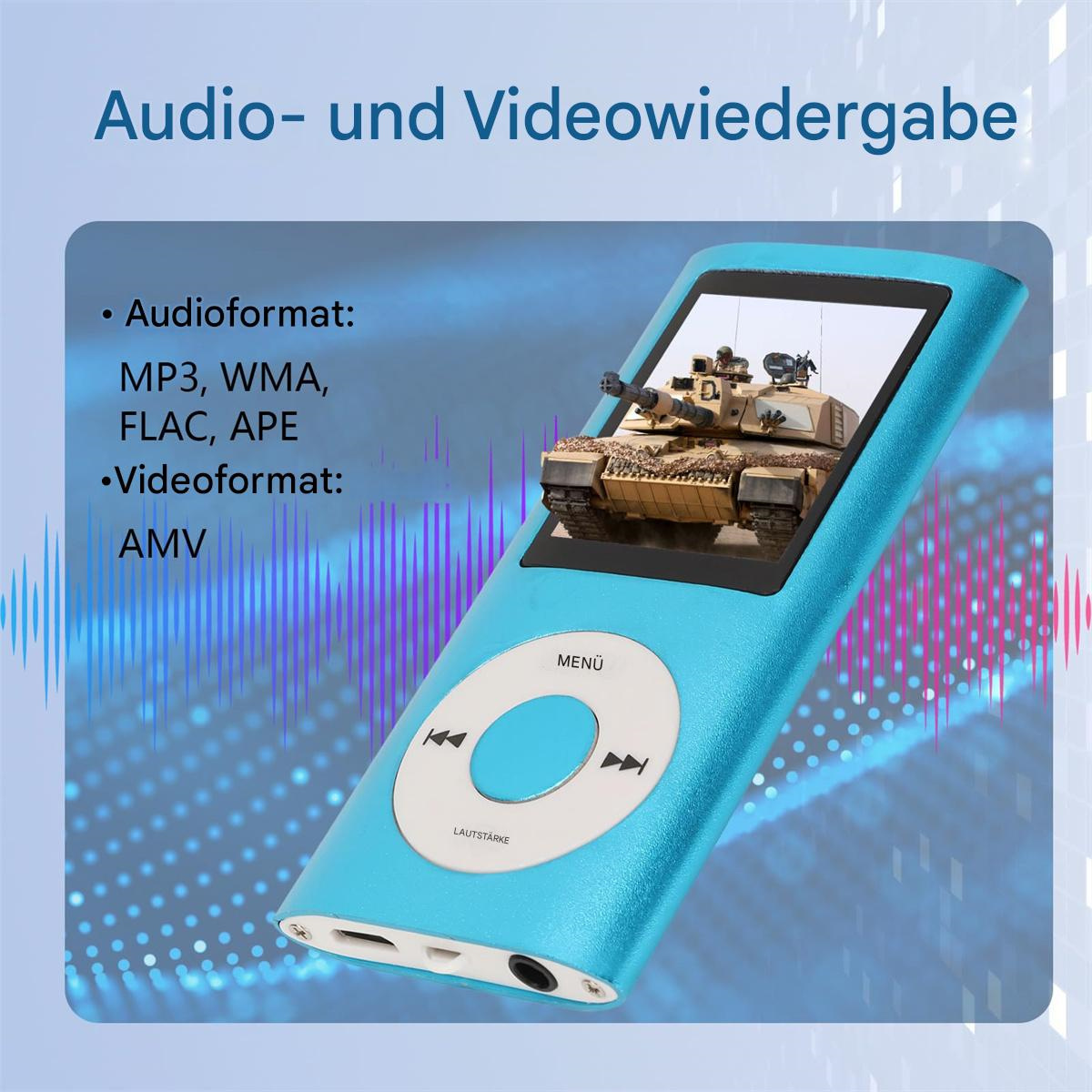 Blauer MP3-Player mit einem Bildschirm, der einen Panzer zeigt. Text vorhanden.