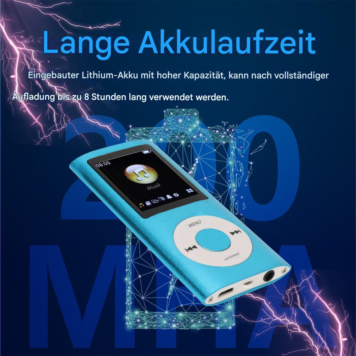 Blauer MP3-Player mit Bildschirm, der Musik anzeigt. Blitz und Text, der lange Akkulaufzeit sagt.
