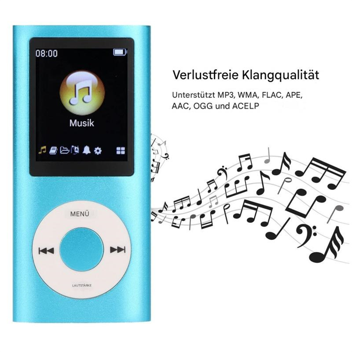 Ein blaues MP3-Player mit Bildschirm. Text auf dem Bildschirm lautet Musik. Noten sind im Hintergrund.