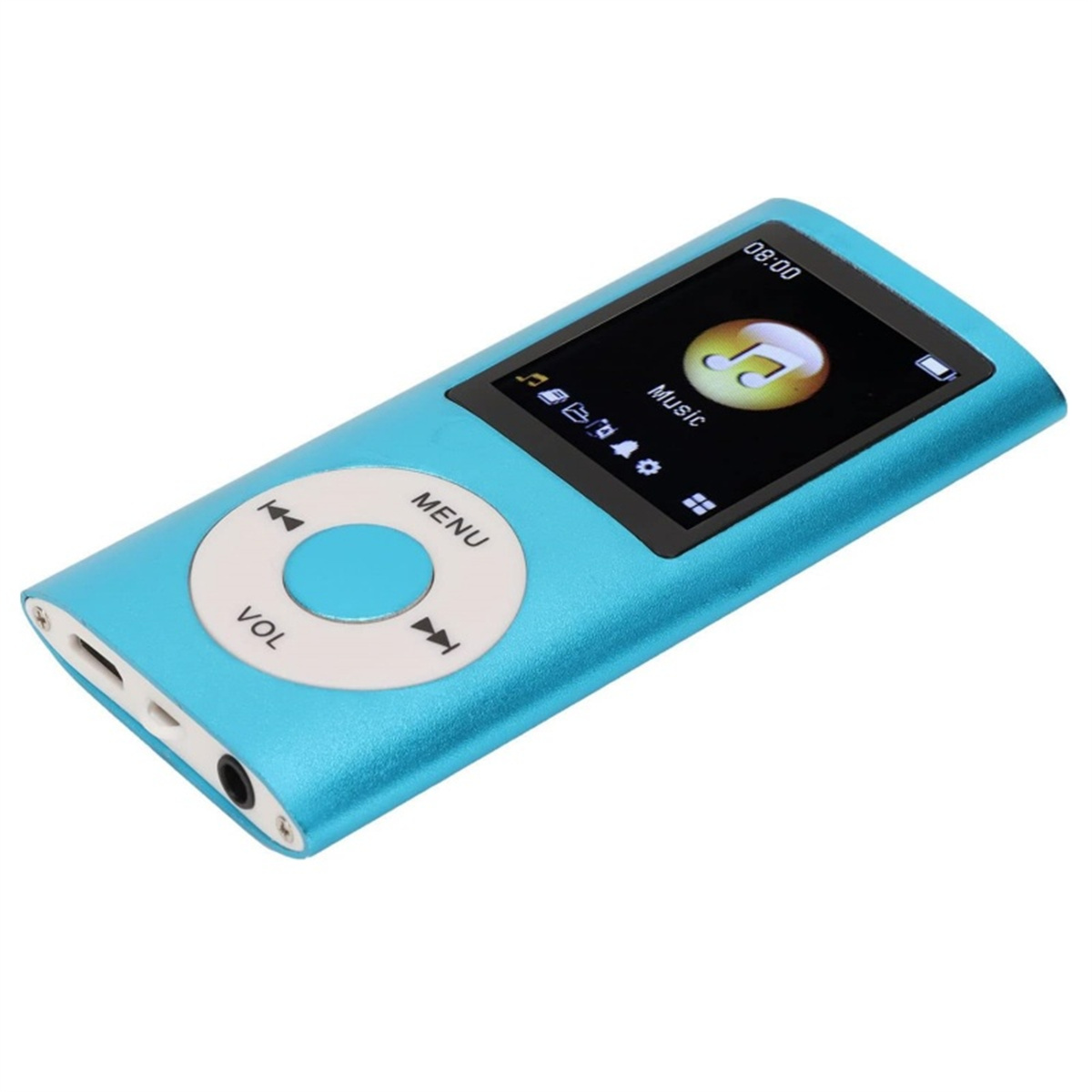 Ein blauer MP3-Player mit einem kleinen Bildschirm, auf dem ein Musiksymbol angezeigt wird.