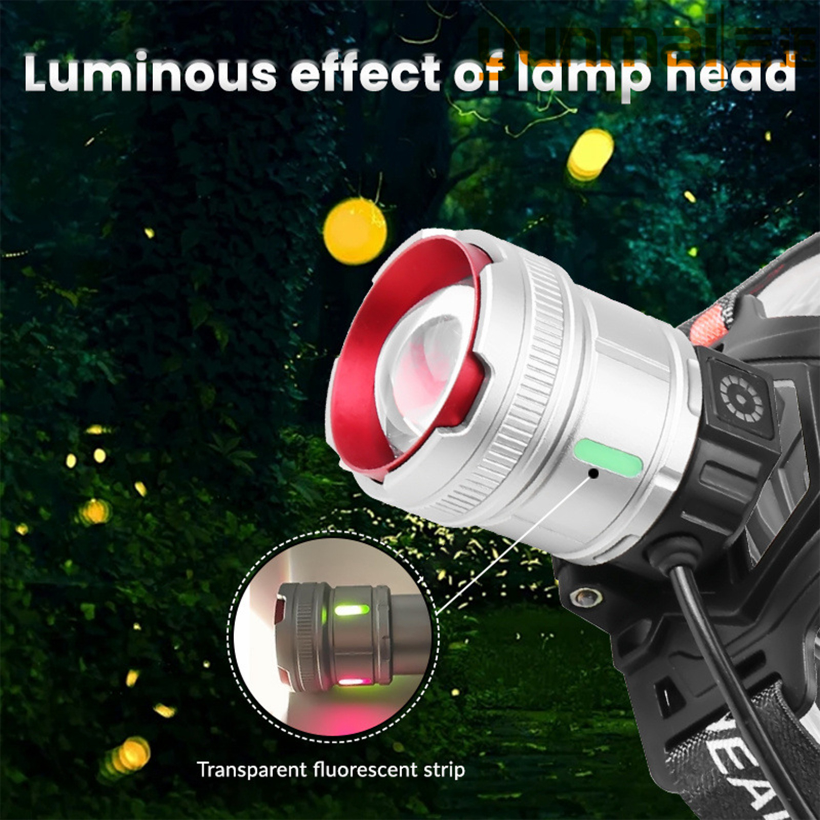 Stirnlampe mit hellem Licht. Der Hintergrund ist ein dunkler Wald.