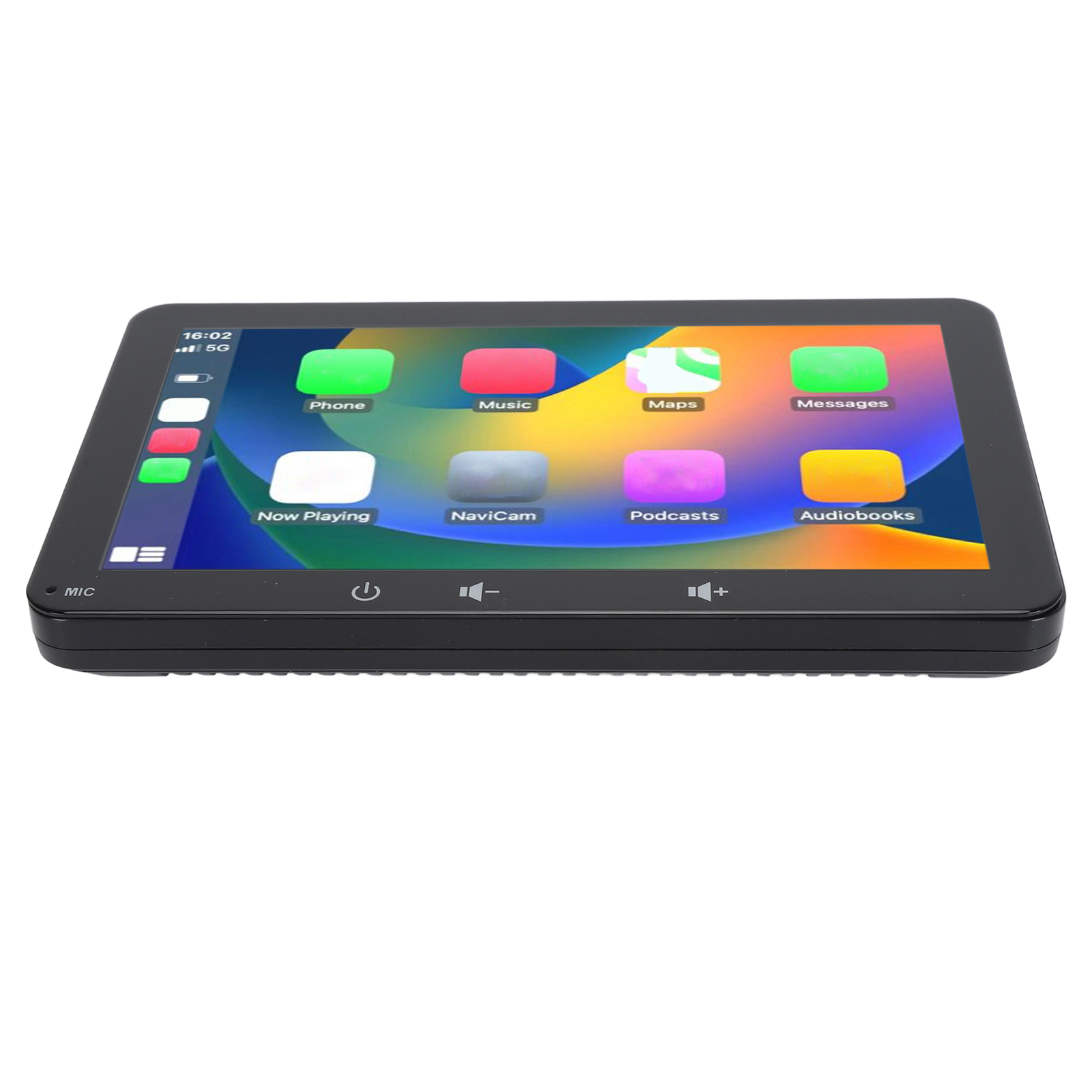 Ein schwarzer Tablet-Bildschirm mit App-Symbolen: Telefon, Musik, Karten, Nachrichten, Podcasts und Hörbücher.