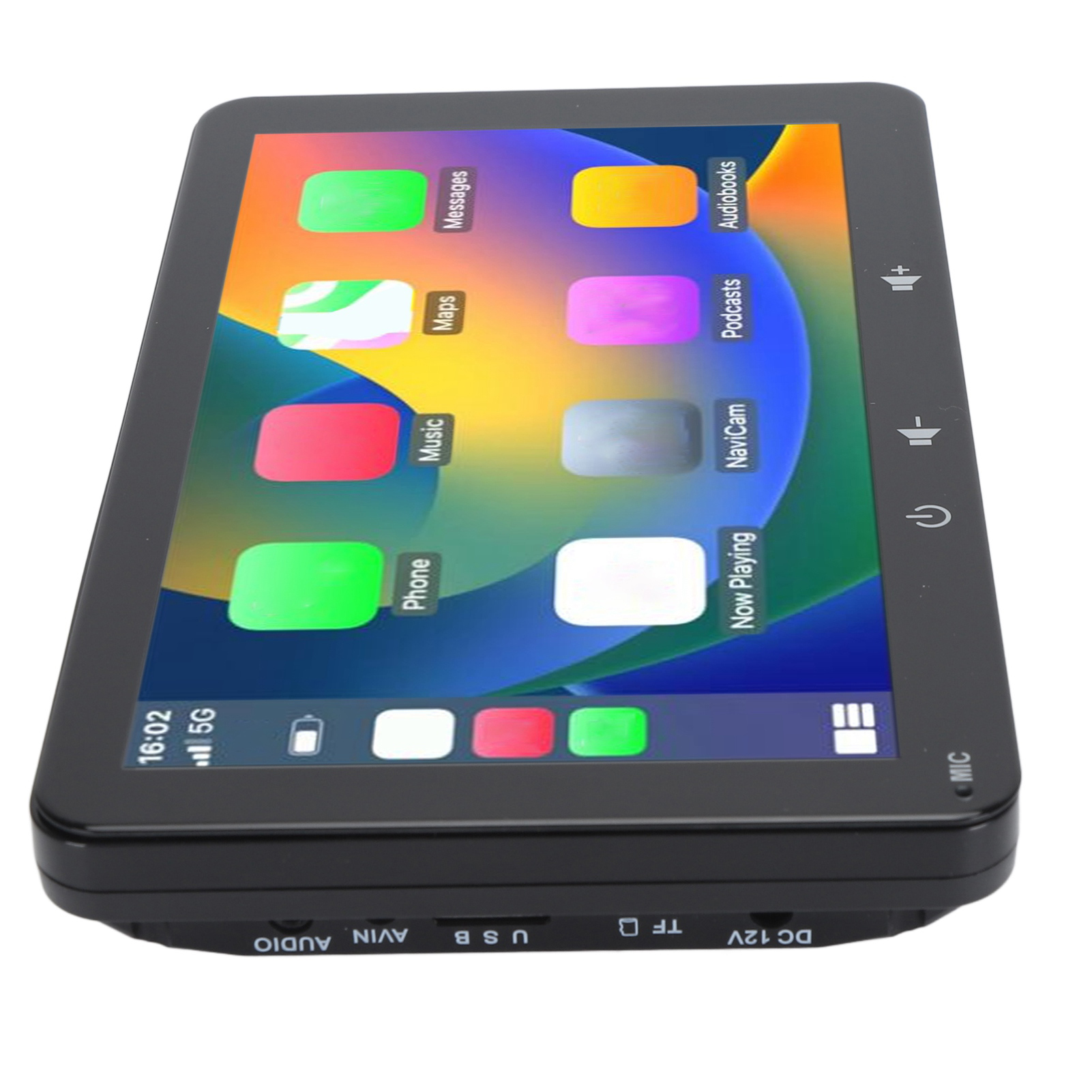 Schwarzes Tablet mit farbenfrohem App-Bildschirm und Ladeanschluss.