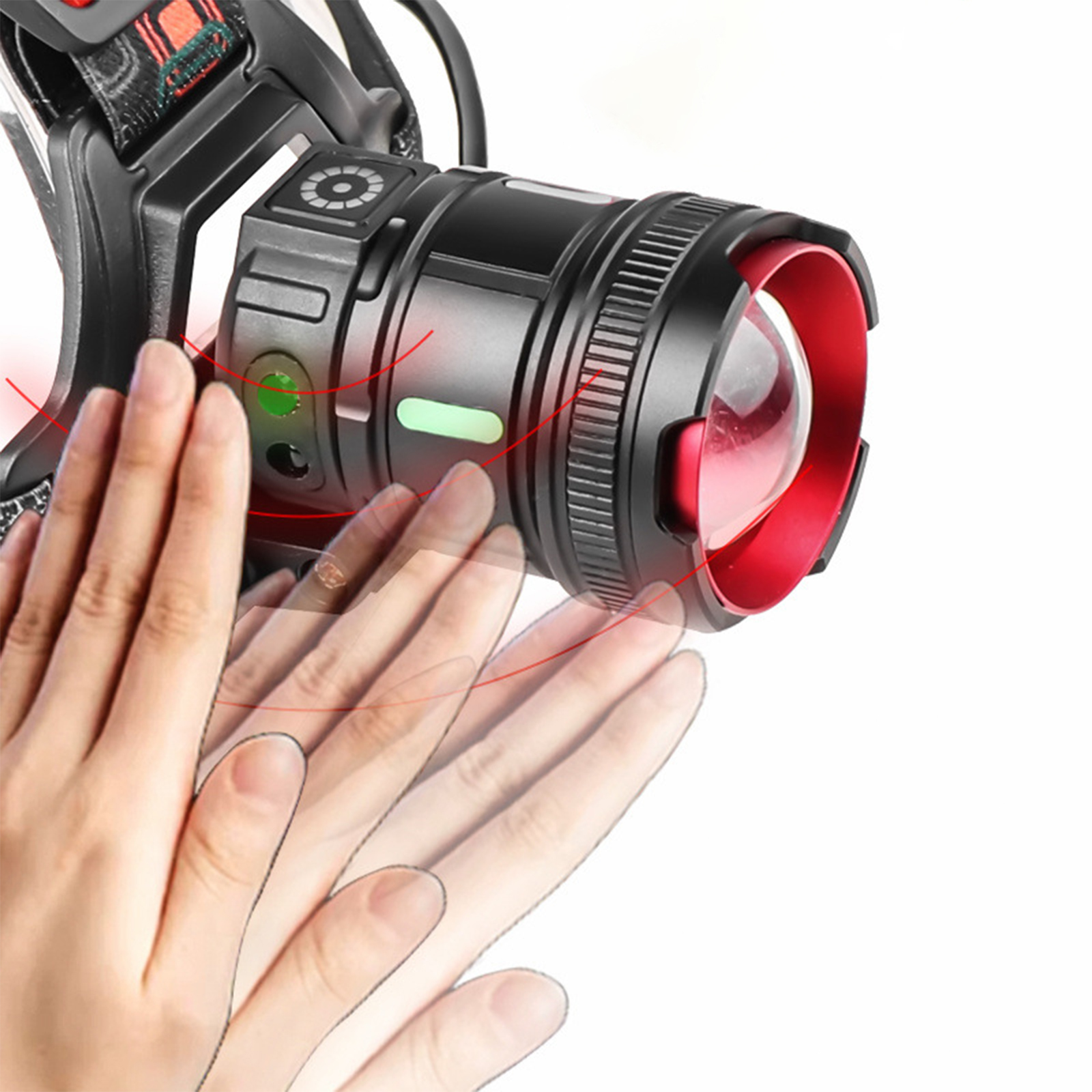 Eine Stirnlampe wird gezeigt, mit einer Hand, die darauf zeigt und ihre Funktionen hervorhebt.