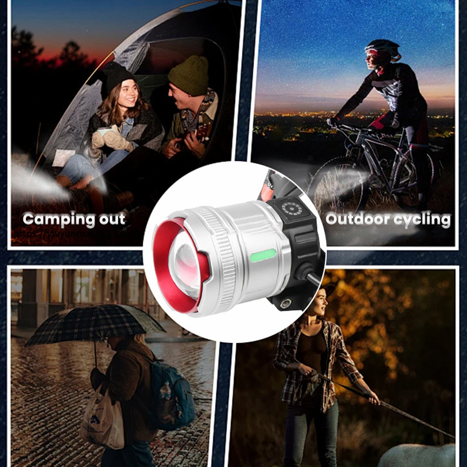 Collage mit Stirnlampe beim Camping, Radfahren und Gehen. Auch Mann und Frau.