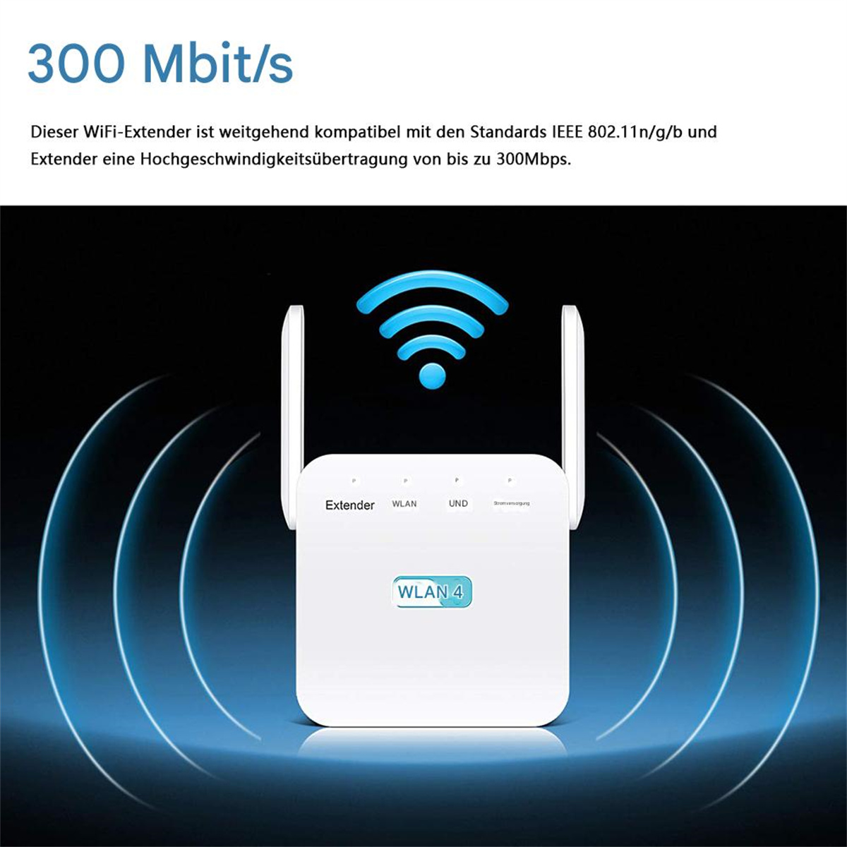 Ein weißer WLAN-Extender mit Antennen, mit einem blauen WLAN-Signal-Symbol. Der Text lautet 300 Mbit/s.