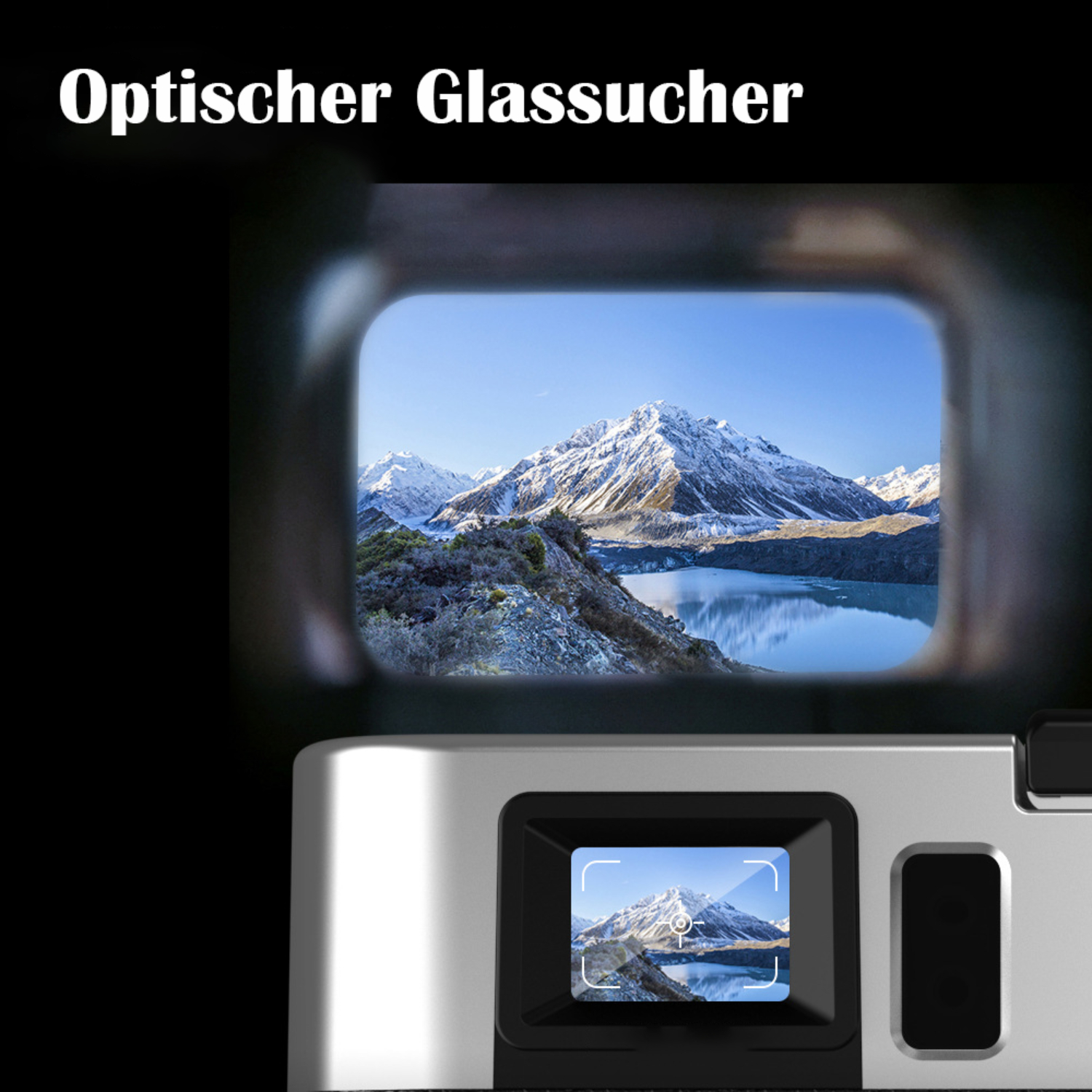 Kamera-Sucher, der eine Berg- und Seeszene zeigt. Ein kleineres Bild zeigt dieselbe Szene im Sucher.