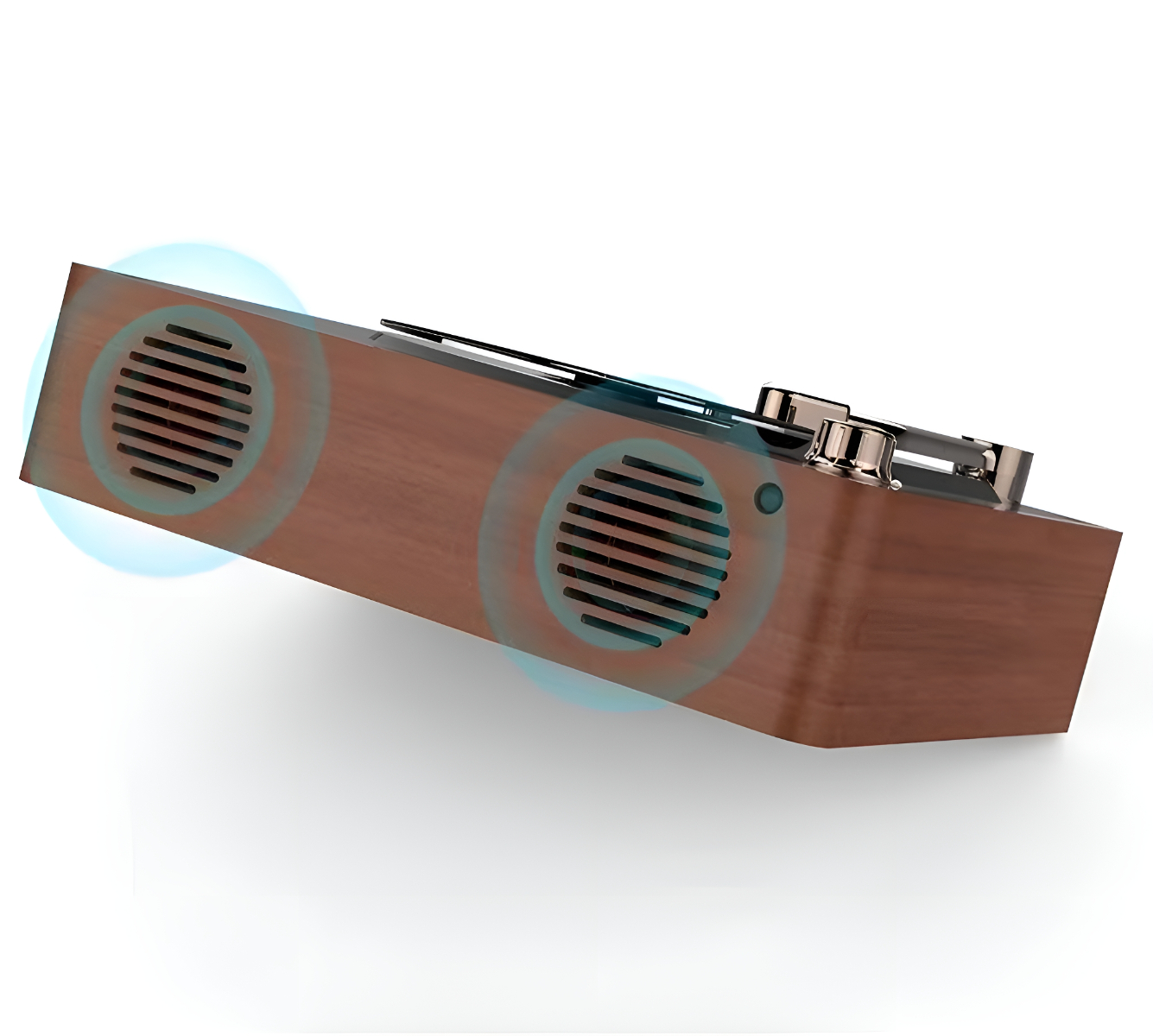 Holzradio mit zwei Lautsprechern und silbernen Knöpfen. Blaues Licht umgibt die Lautsprecher.