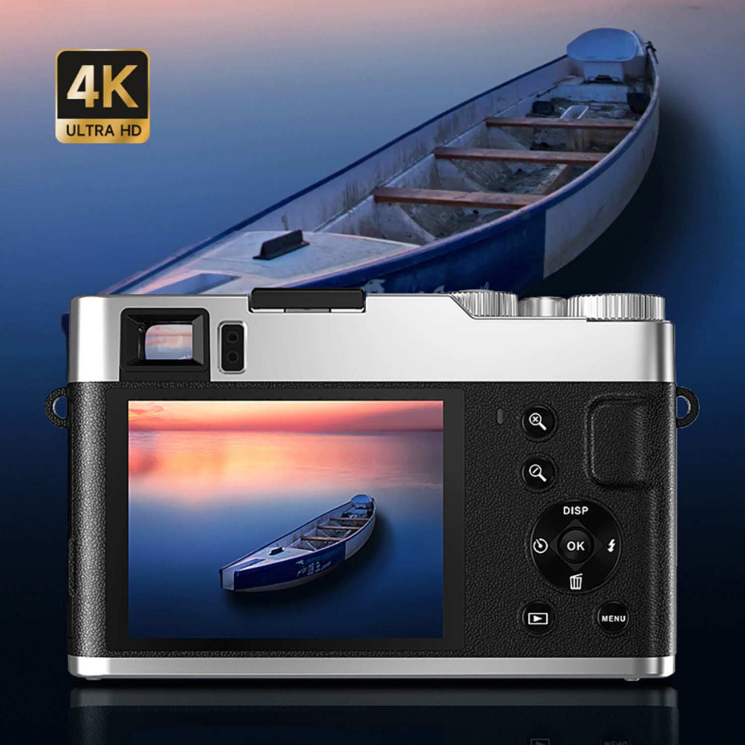 Kamera zeigt ein Boot auf dem Bildschirm, mit einem größeren Boot im Hintergrund. 4K Ultra HD Logo.