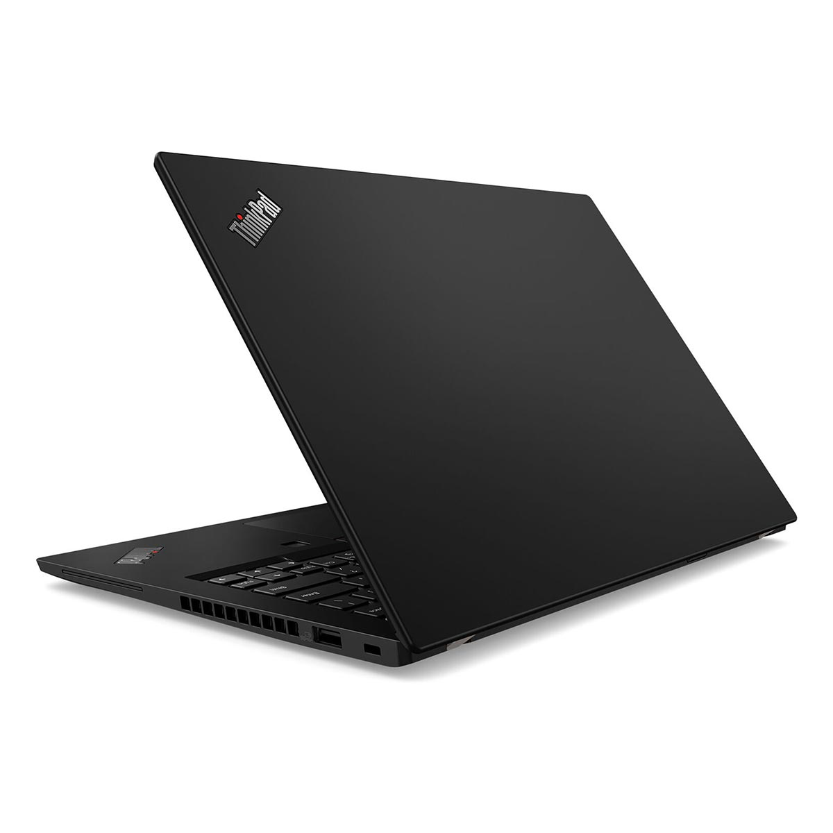 Czarny laptop ThinkPad, lekko otwarty. Ekran jest pochylony, pokazując tył i logo.