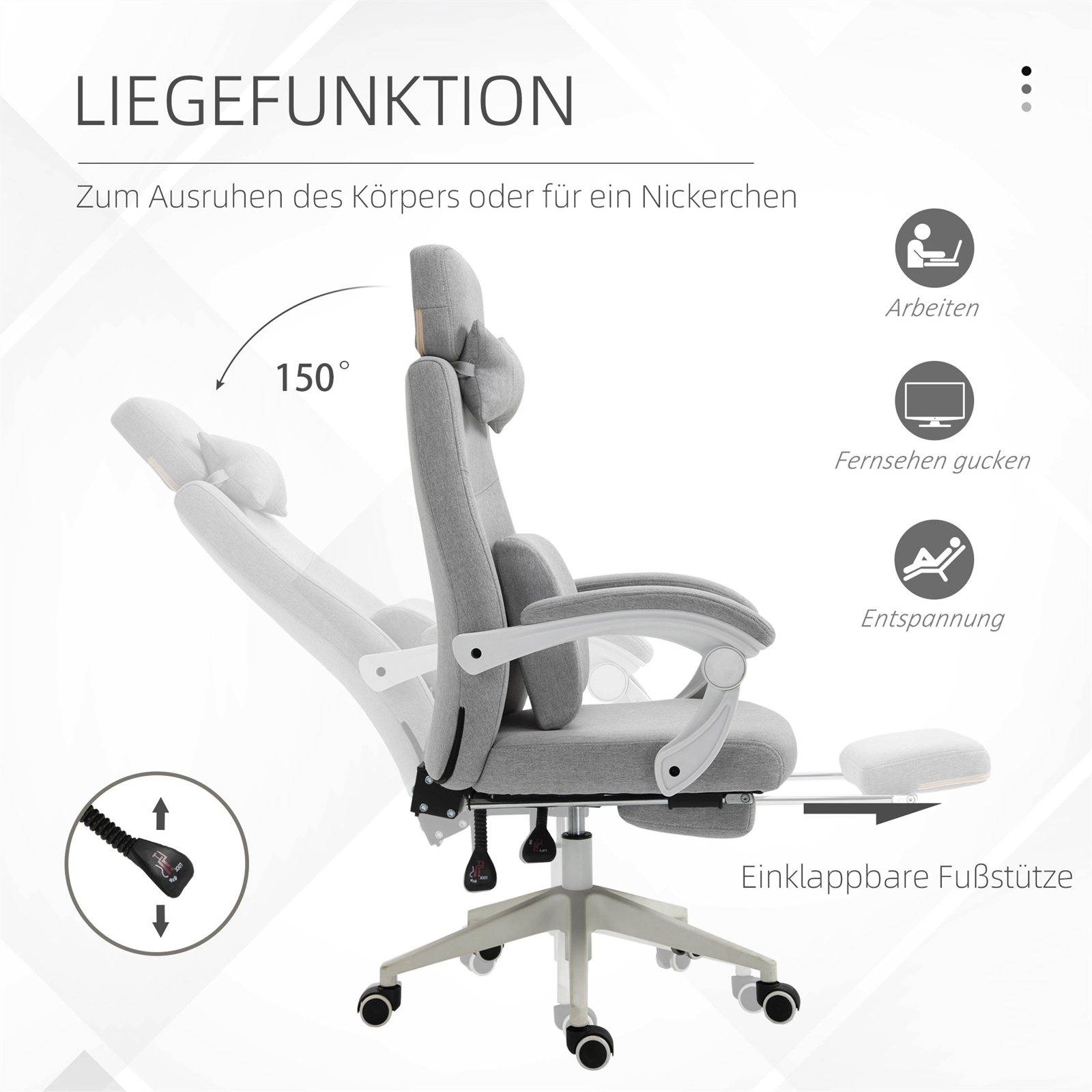 Ein Bürostuhl mit Liegefunktion, mit Diagramm und Symbolen.