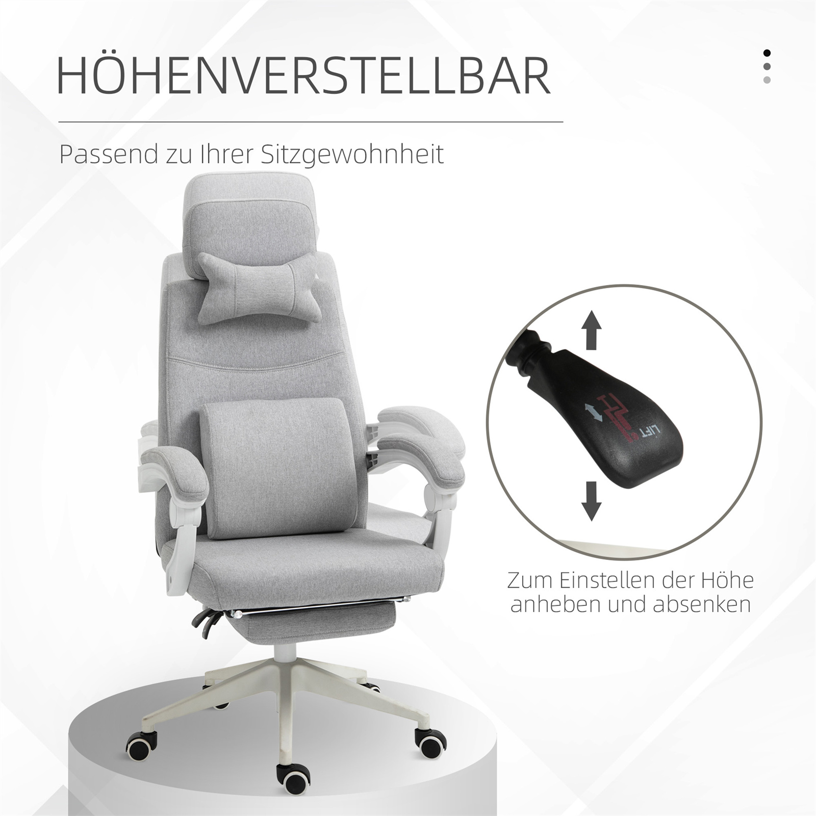Ein grauer ergonomischer Bürostuhl mit höhenverstellbaren Bedienelementen. Weißer Hintergrund.