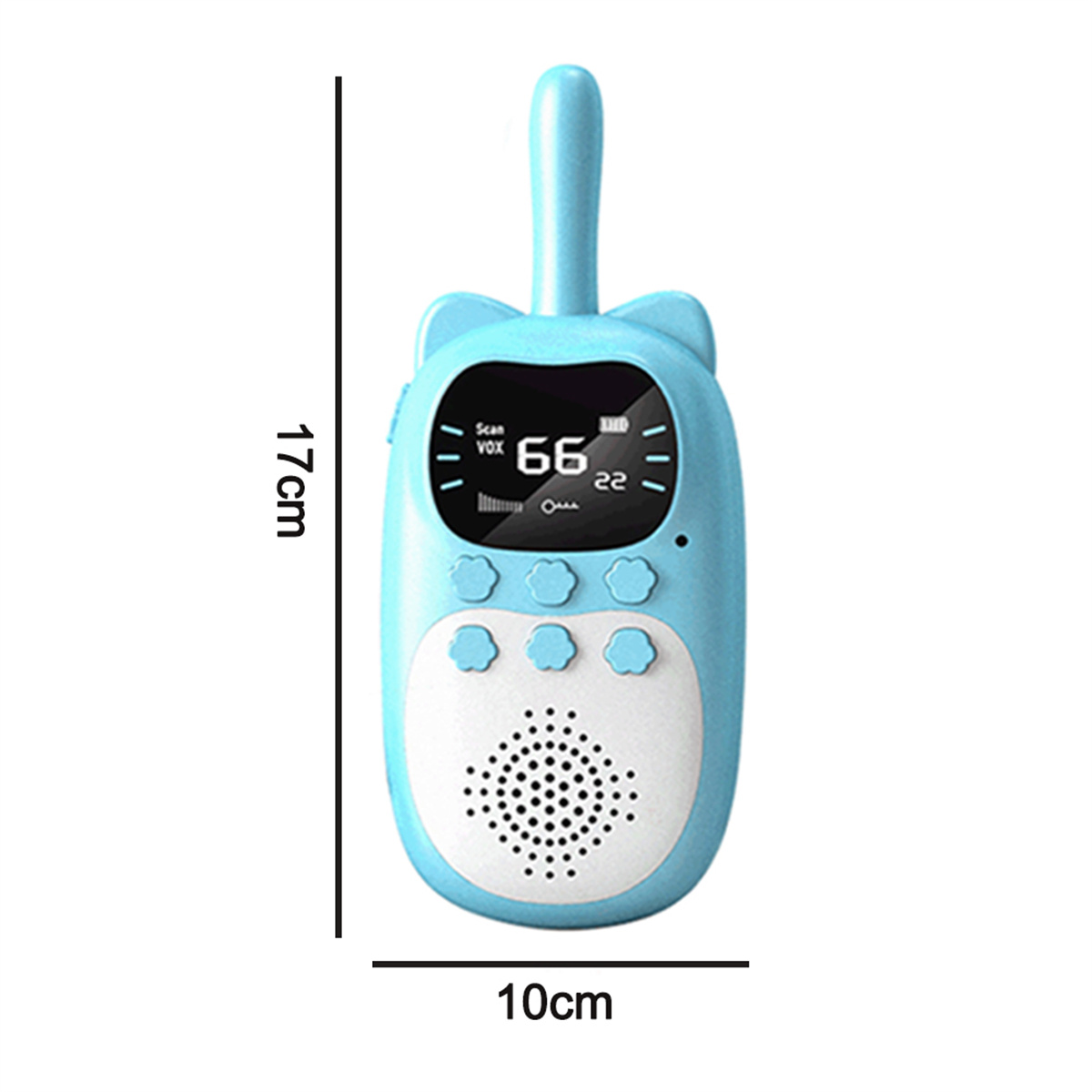 Ein blaues Walkie-Talkie in Katzenform, mit Größenangaben: 17 cm Höhe, 10 cm Breite.