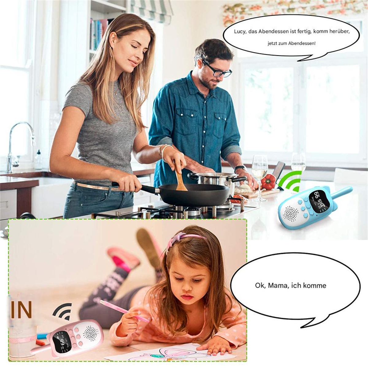 Familie kocht zusammen, Kind zeichnet, zwei Walkie-Talkies mit Sprechblasen.