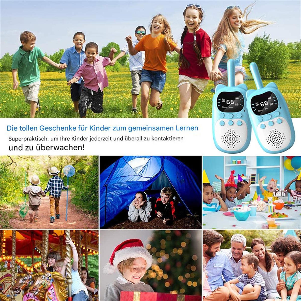 Kinder rennen und spielen mit Walkie-Talkies. Zusätzliche Szenen zeigen Kinder, die sie benutzen.