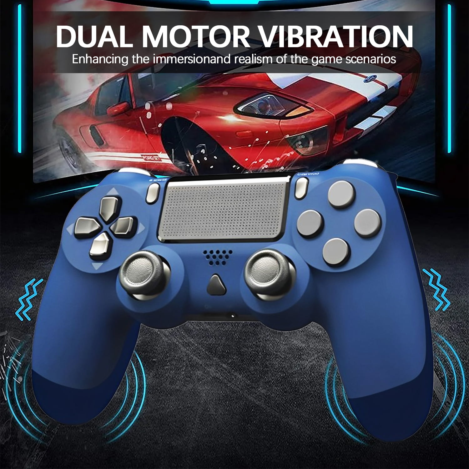 Ein blauer Videospiel-Controller mit einem Rennspiel, das auf dem Bildschirm dahinter angezeigt wird.